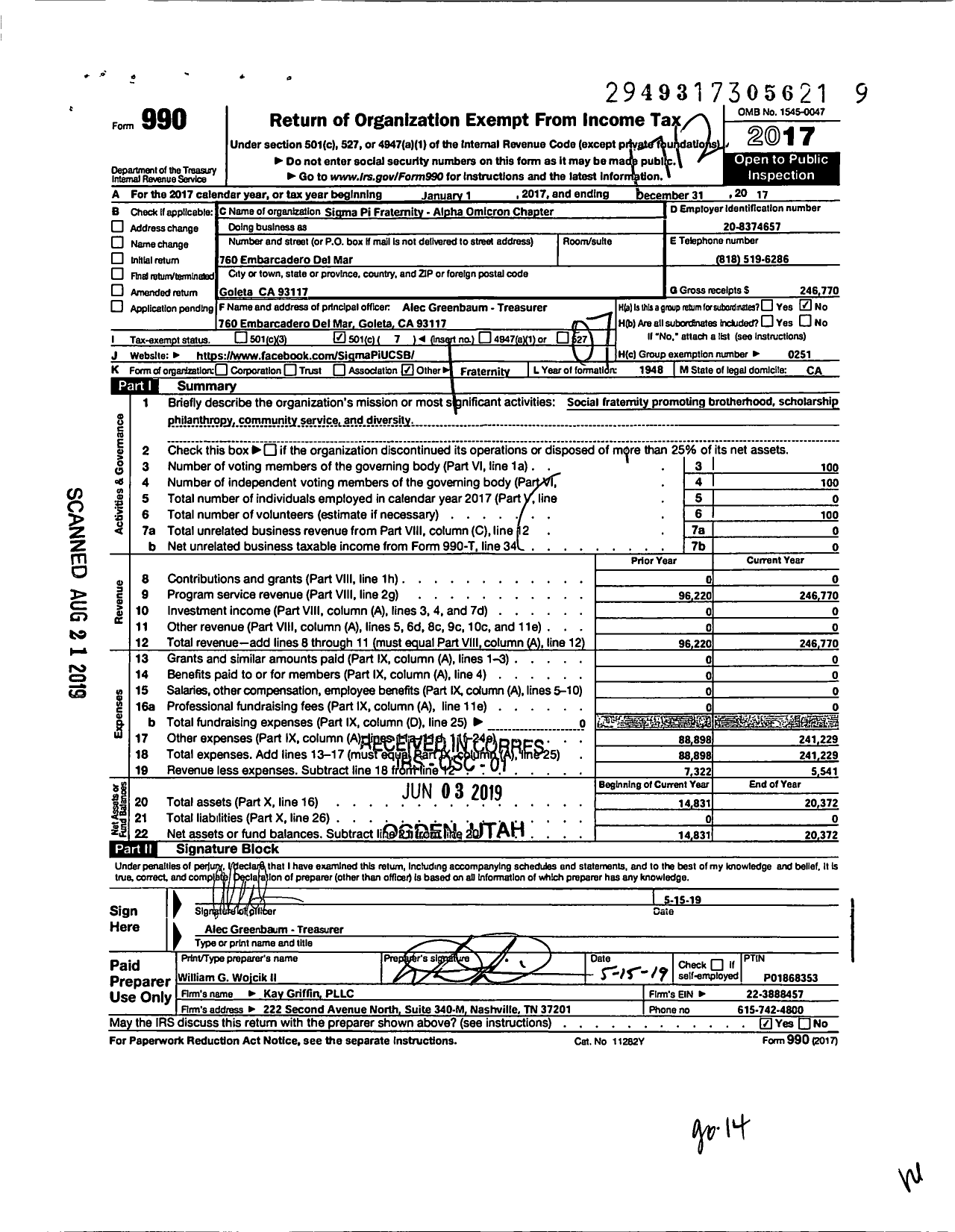 Image of first page of 2017 Form 990O for SIGMA PI FRATERNITY Alpha-Omicron Chapter