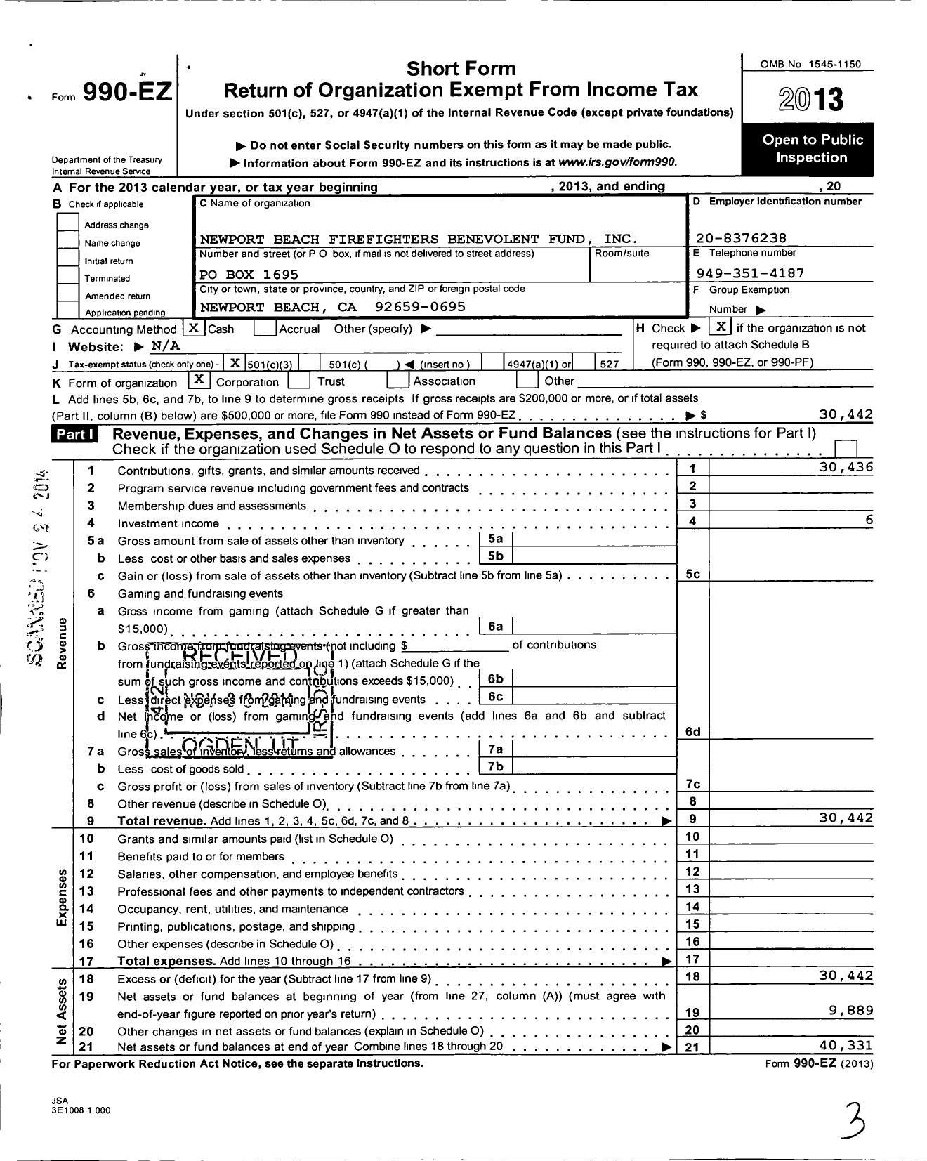 Image of first page of 2013 Form 990EZ for Newport Beach Firefighters Benevolent Fund