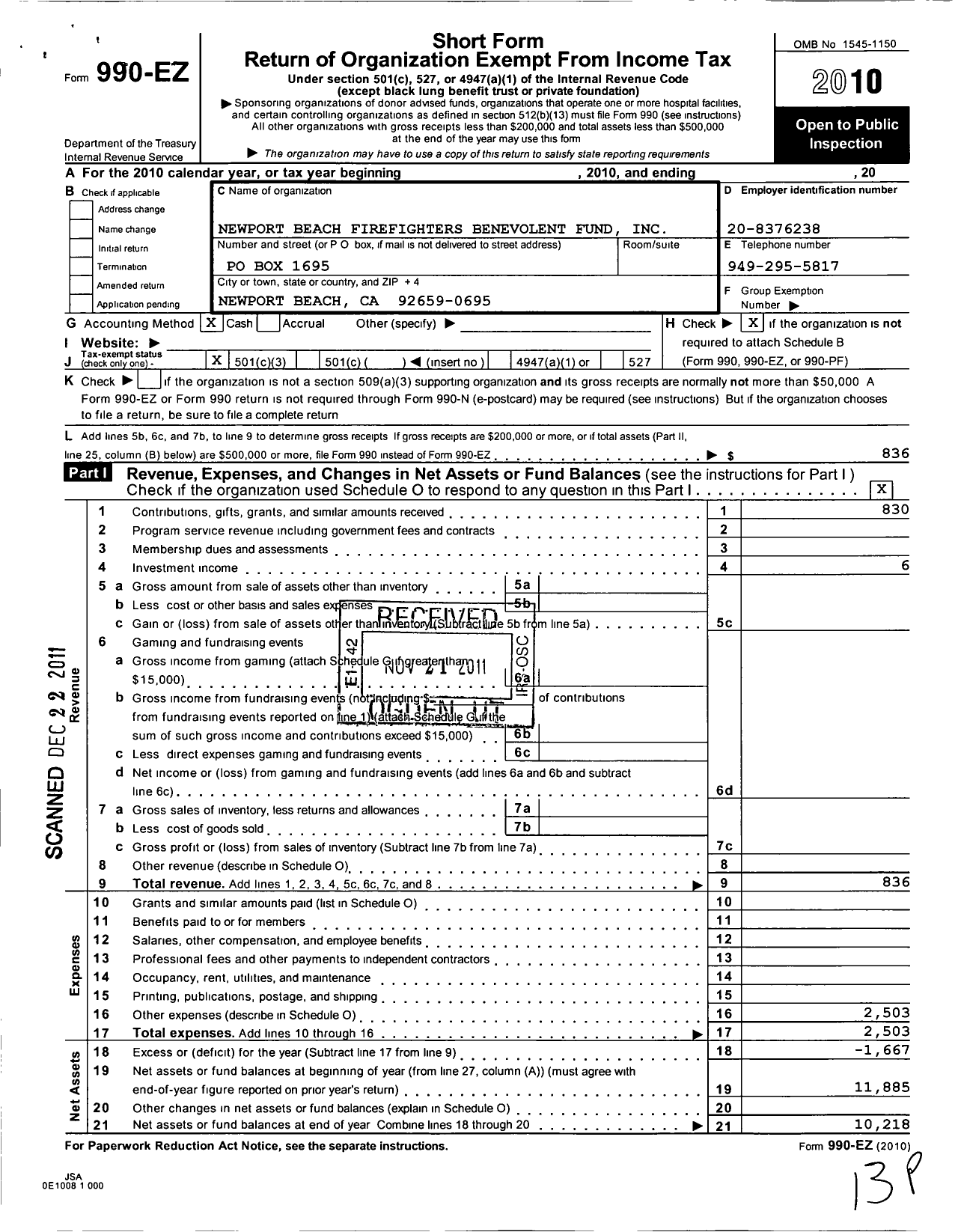 Image of first page of 2010 Form 990EZ for Newport Beach Firefighters Benevolent Fund