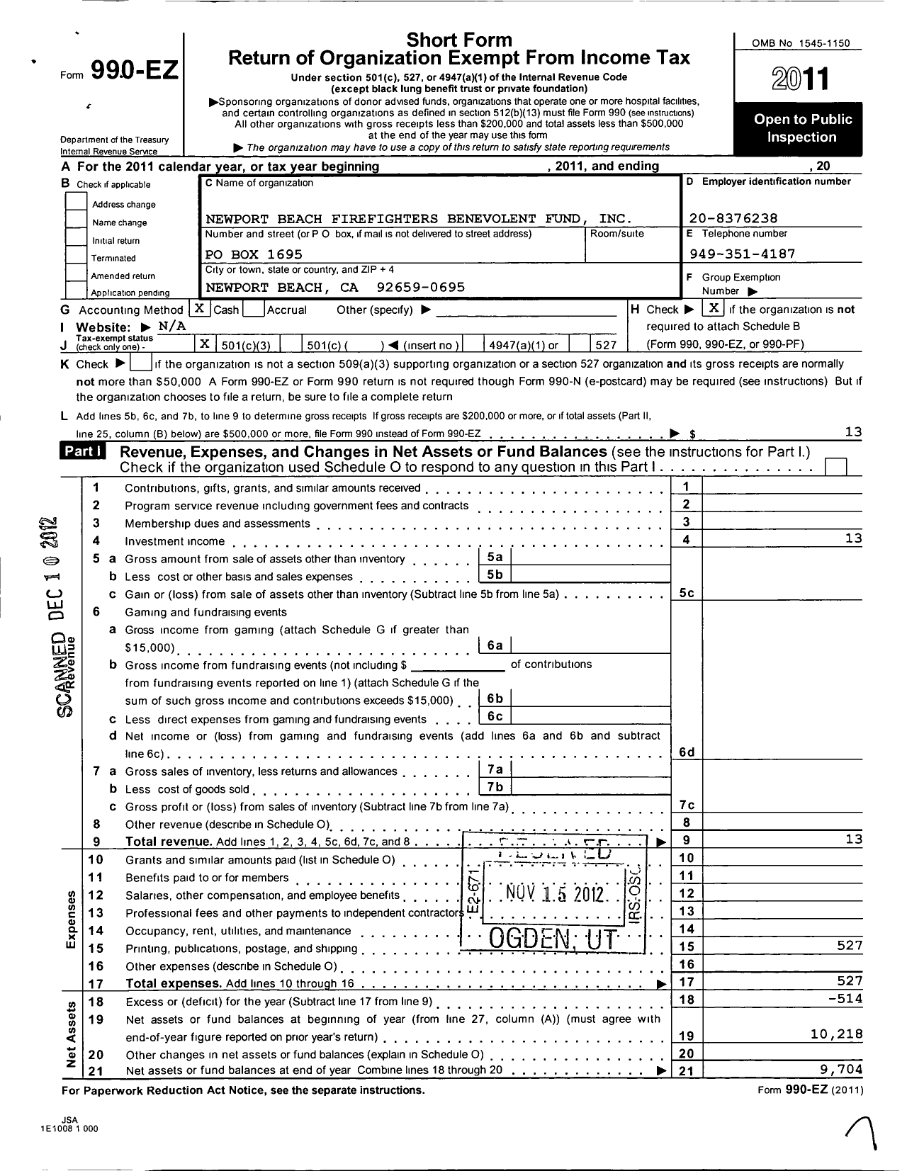Image of first page of 2011 Form 990EZ for Newport Beach Firefighters Benevolent Fund