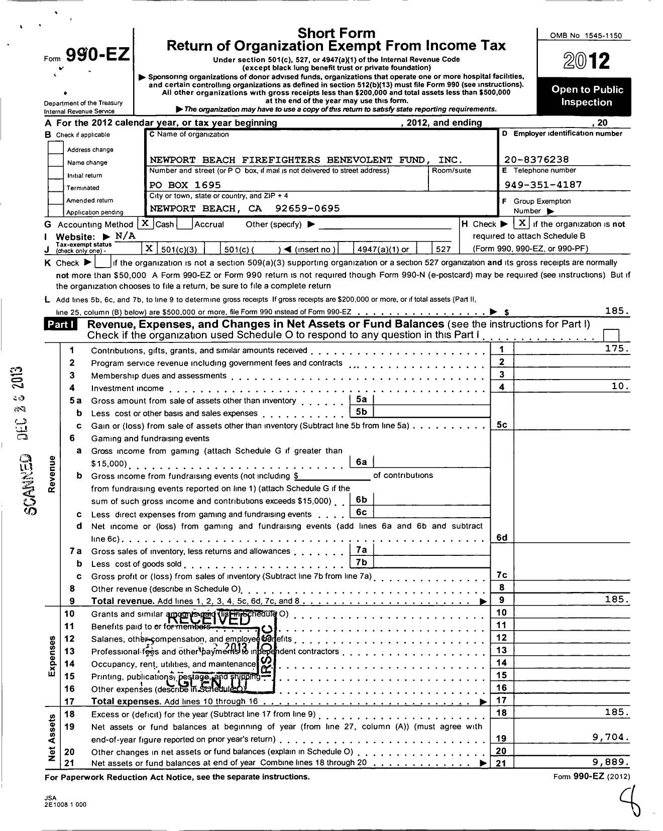Image of first page of 2012 Form 990EZ for Newport Beach Firefighters Benevolent Fund