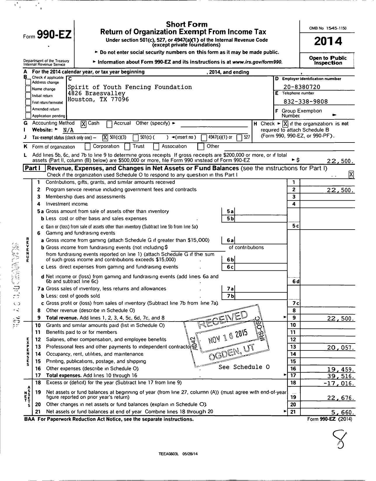 Image of first page of 2014 Form 990EZ for Spirit of Youth Fencing Foundation