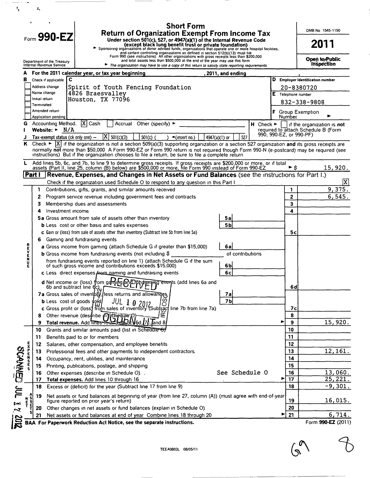 Image of first page of 2011 Form 990EZ for Spirit of Youth Fencing Foundation