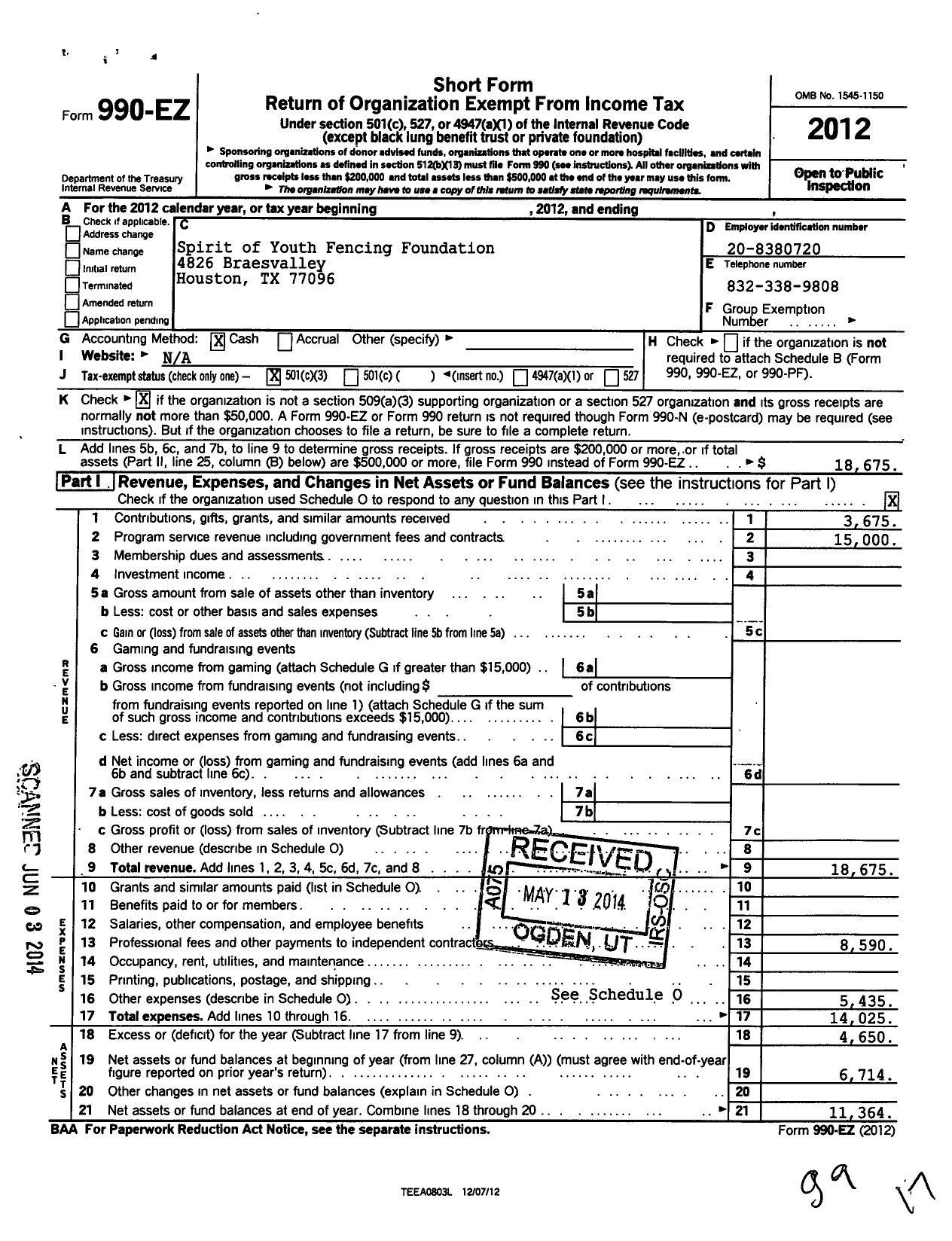 Image of first page of 2012 Form 990EZ for Spirit of Youth Fencing Foundation