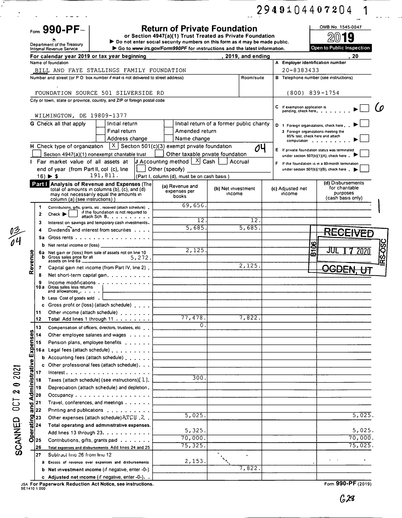 Image of first page of 2019 Form 990PF for Bill and Faye Stallings Family Foundation