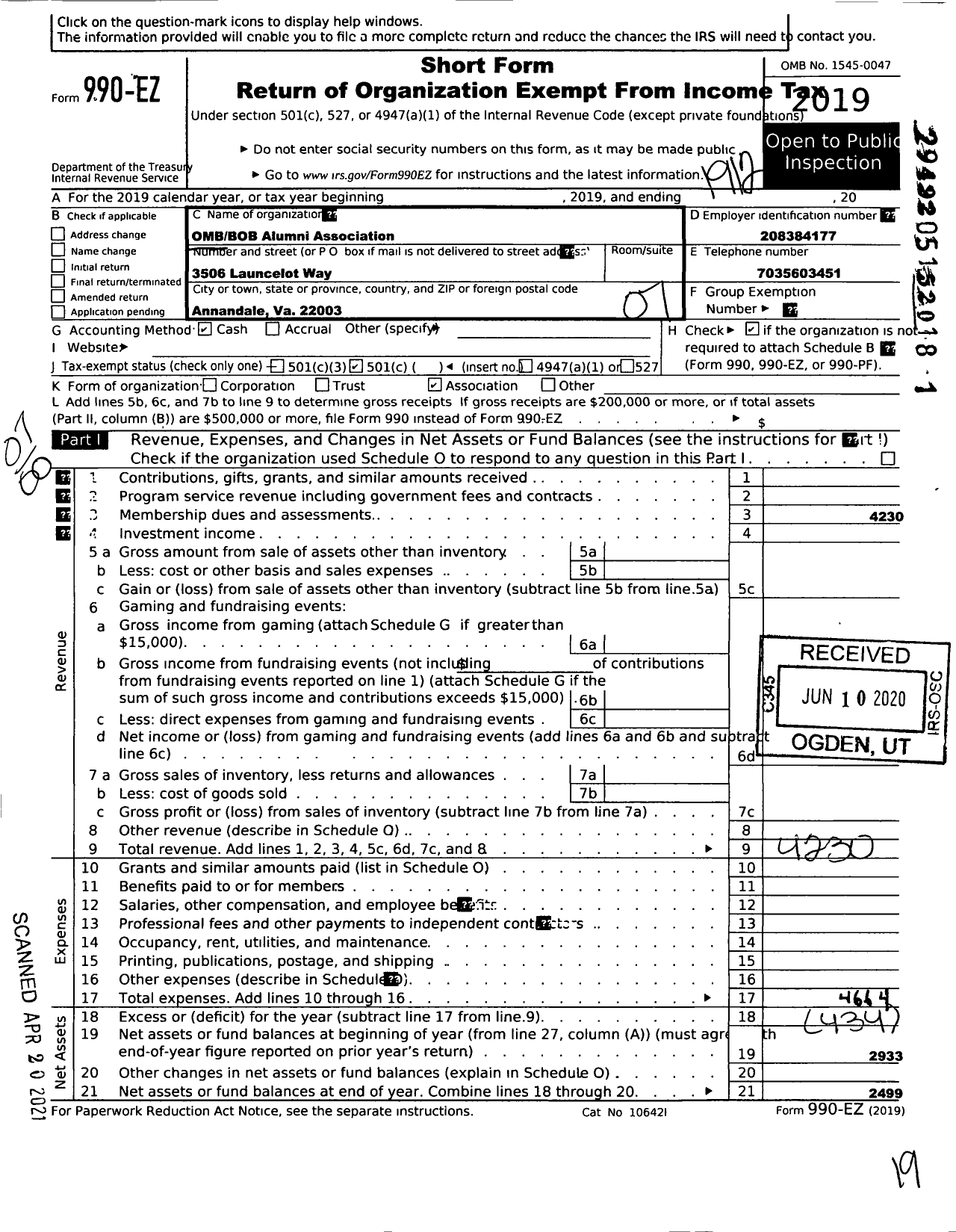 Image of first page of 2019 Form 990EO for OMB BOB Alumni Association