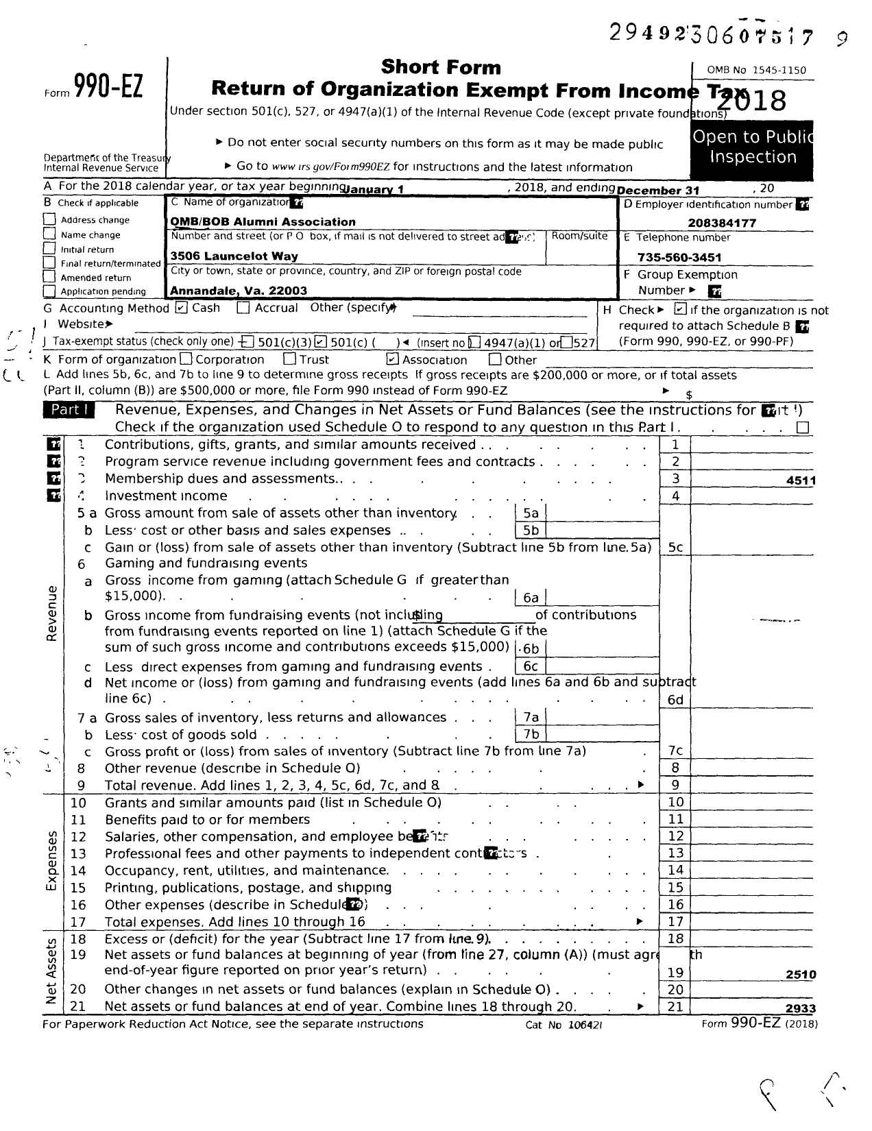 Image of first page of 2018 Form 990EO for OMB BOB Alumni Association