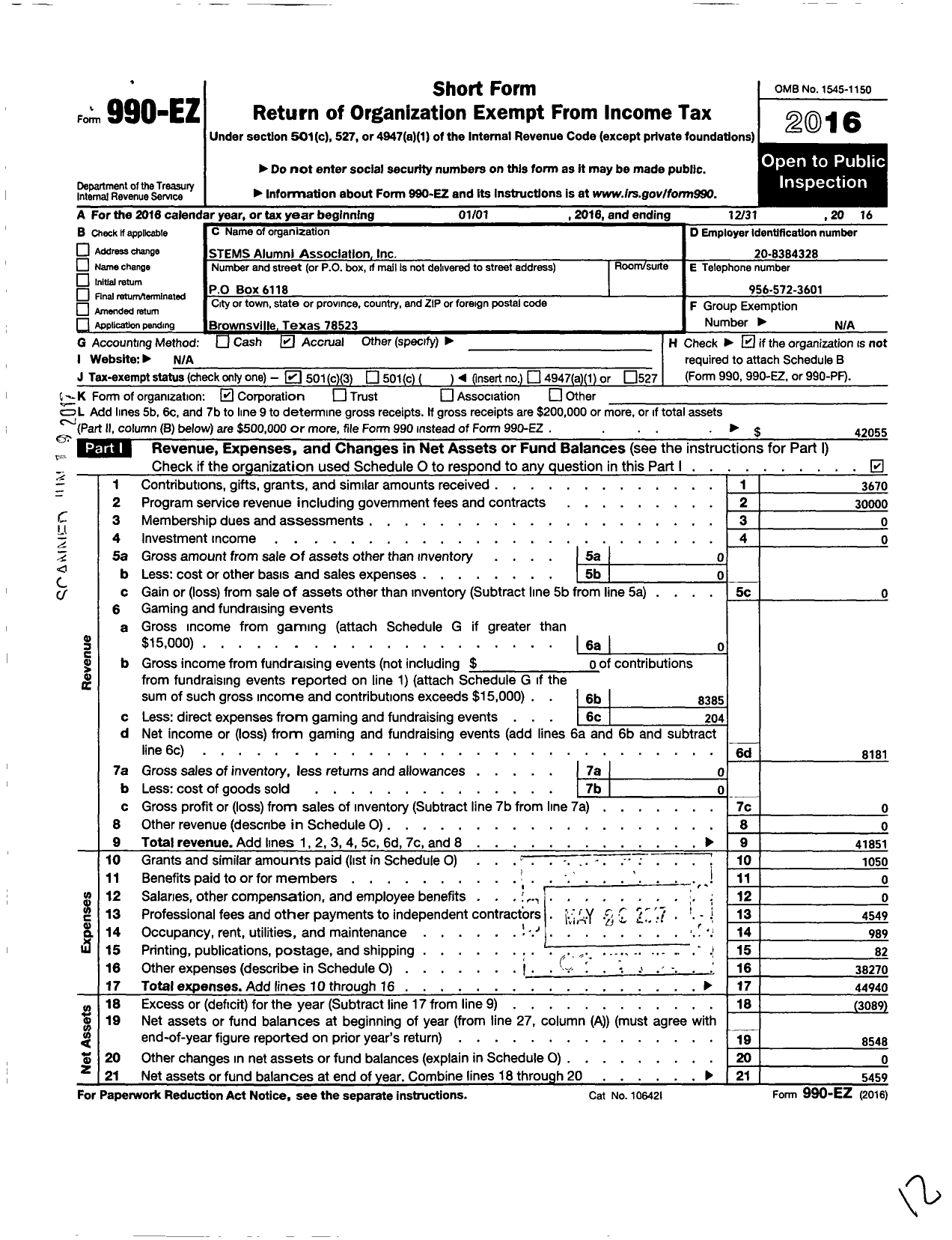 Image of first page of 2016 Form 990EZ for Stems Alumni Association