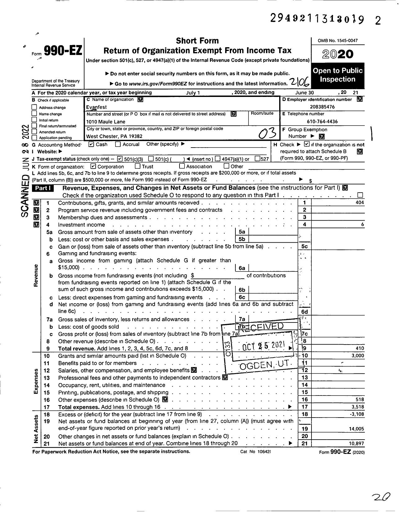 Image of first page of 2020 Form 990EZ for Evanfest