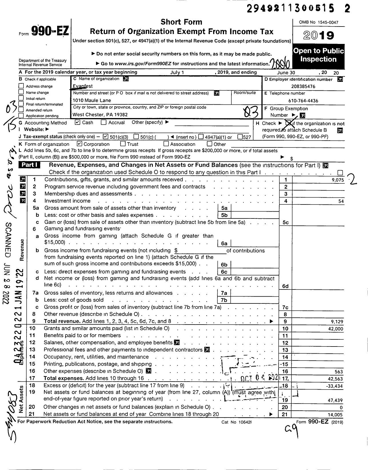 Image of first page of 2019 Form 990EZ for Evanfest