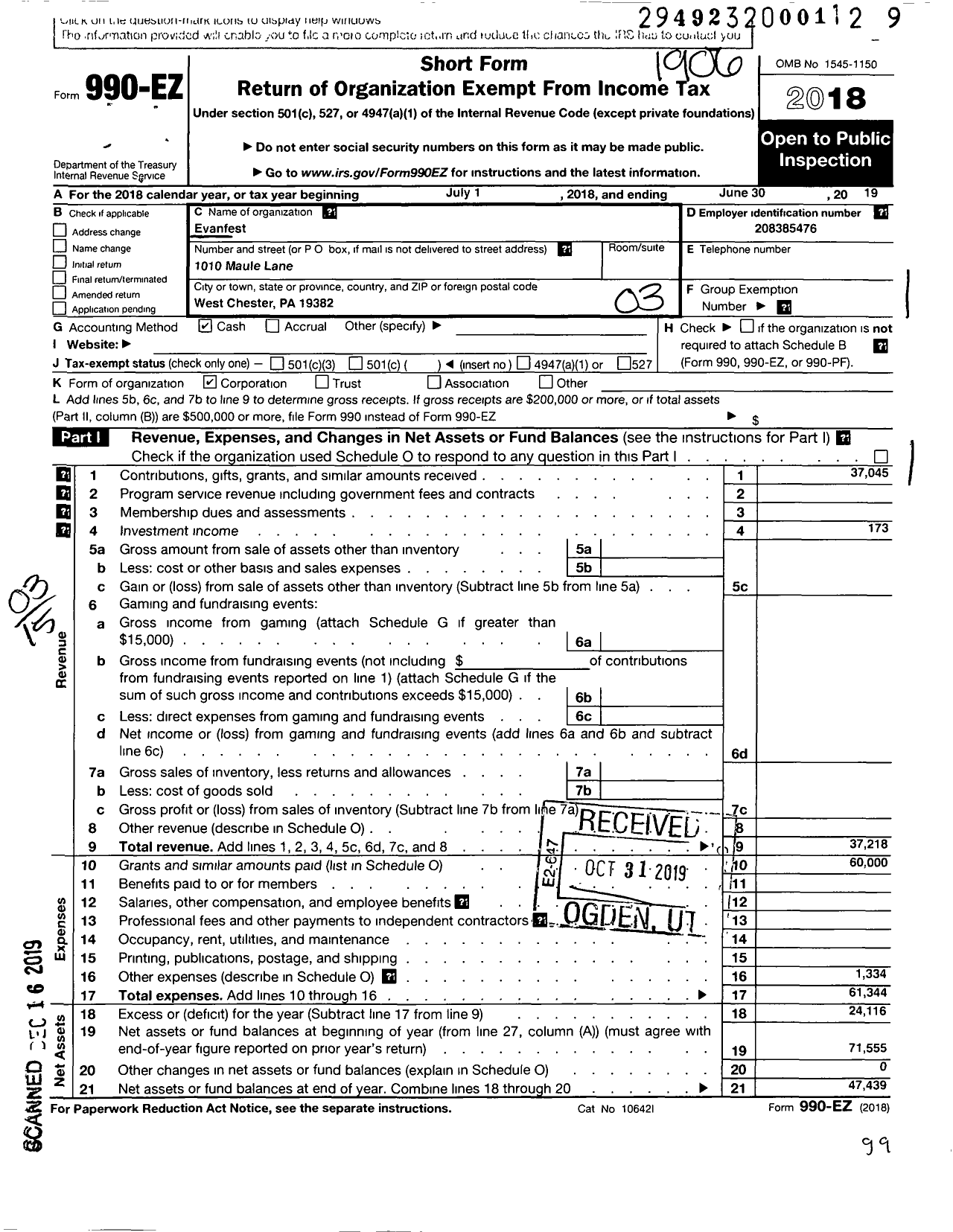 Image of first page of 2018 Form 990EZ for Evanfest