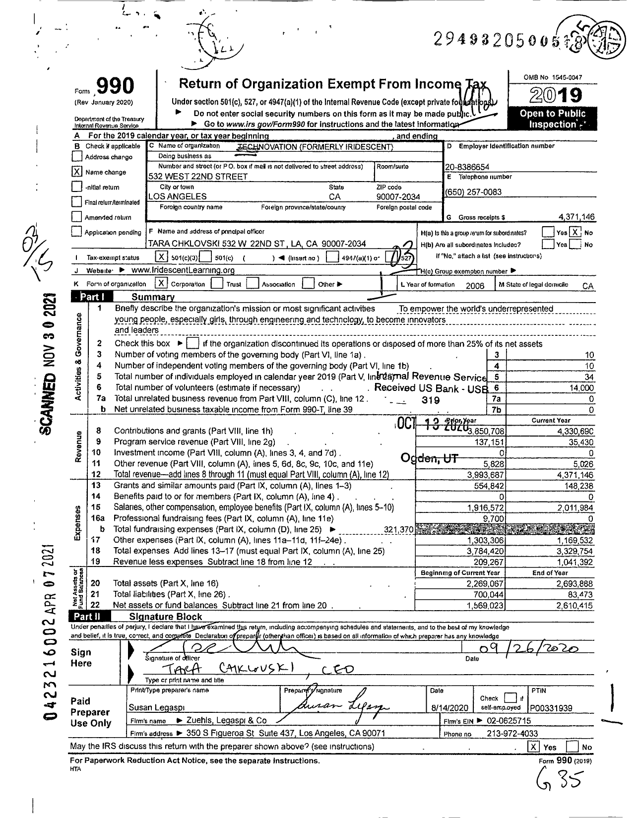 Image of first page of 2019 Form 990 for Technovation