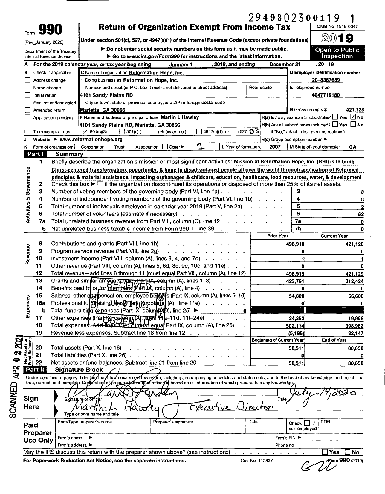 Image of first page of 2019 Form 990 for Reformation Hope