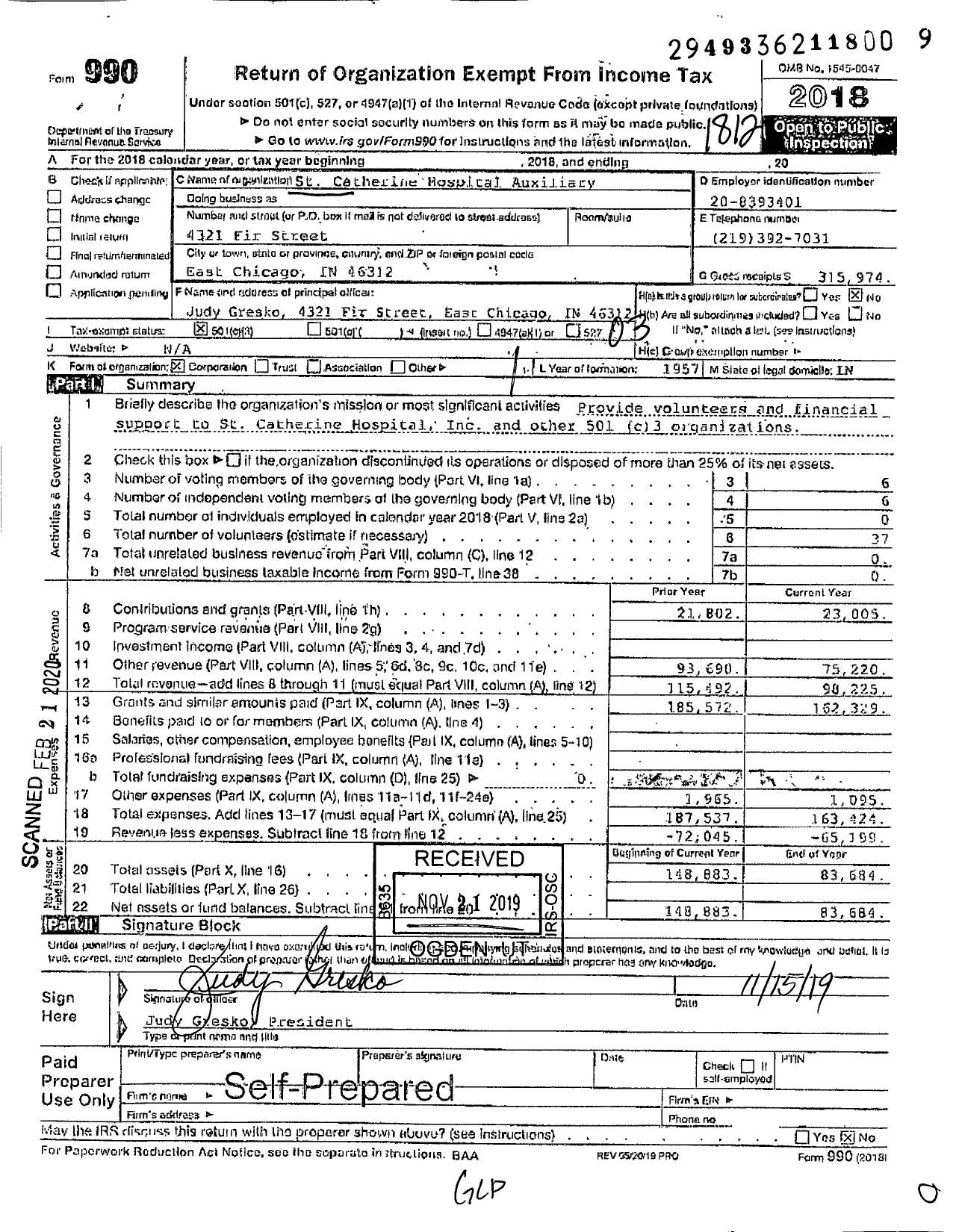 Image of first page of 2018 Form 990 for St Catherine Hospital Auxiliary