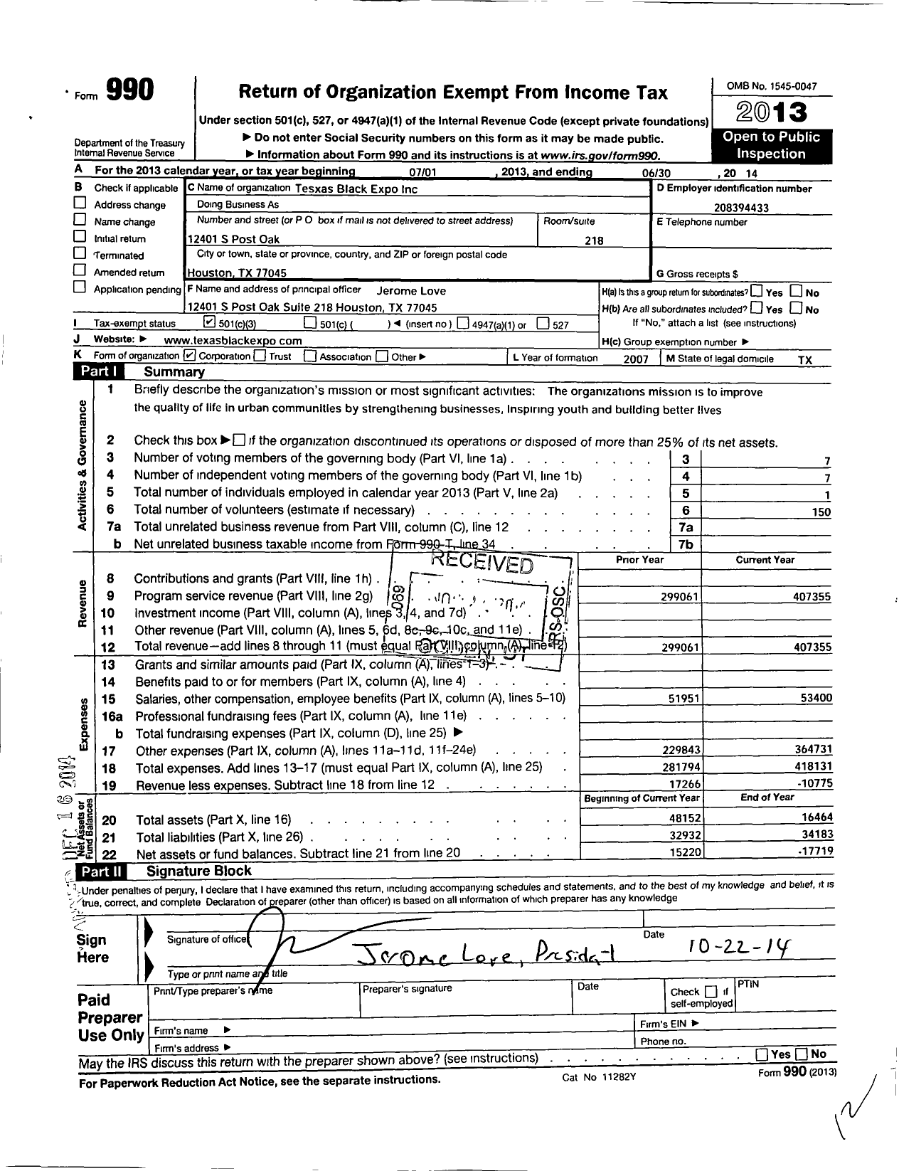 Image of first page of 2013 Form 990 for Texas Black Expo