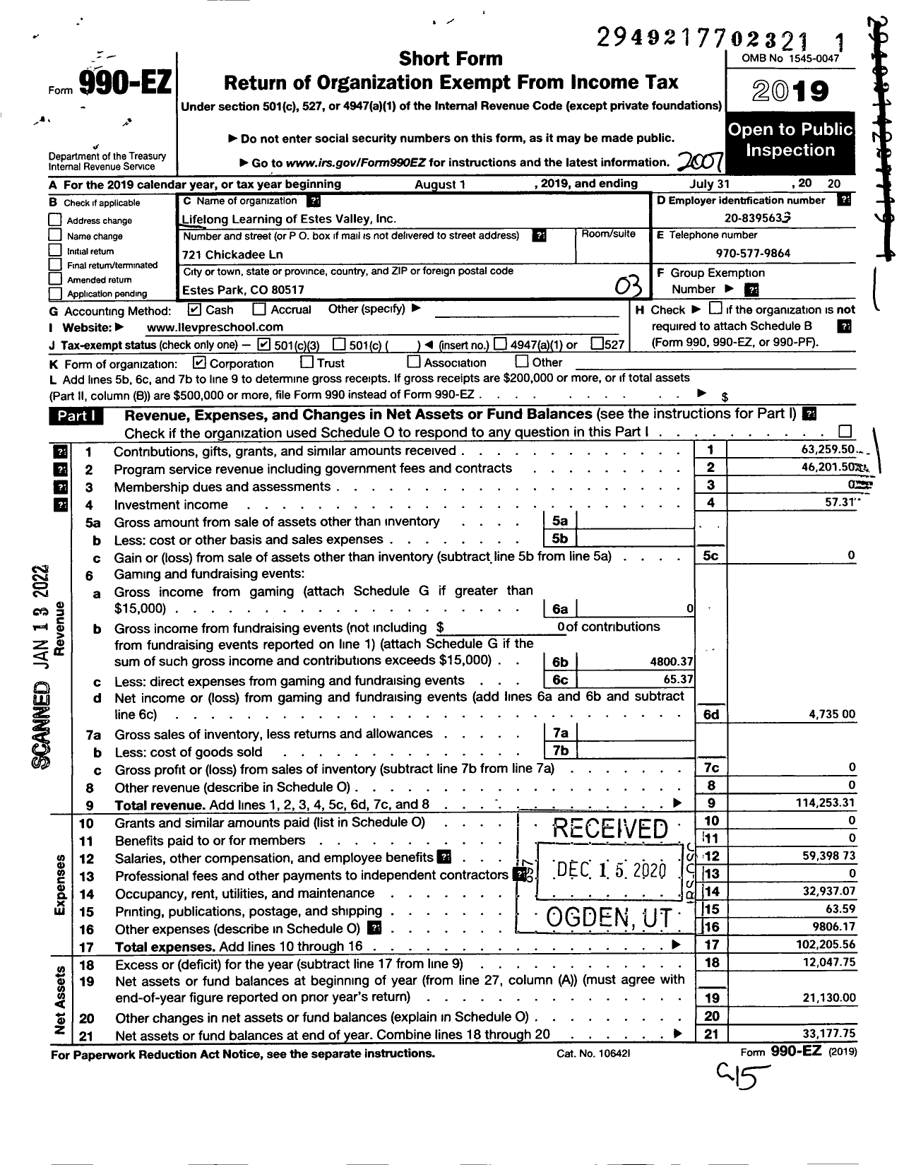 Image of first page of 2019 Form 990EZ for Lifelong Learning of Estes Valley