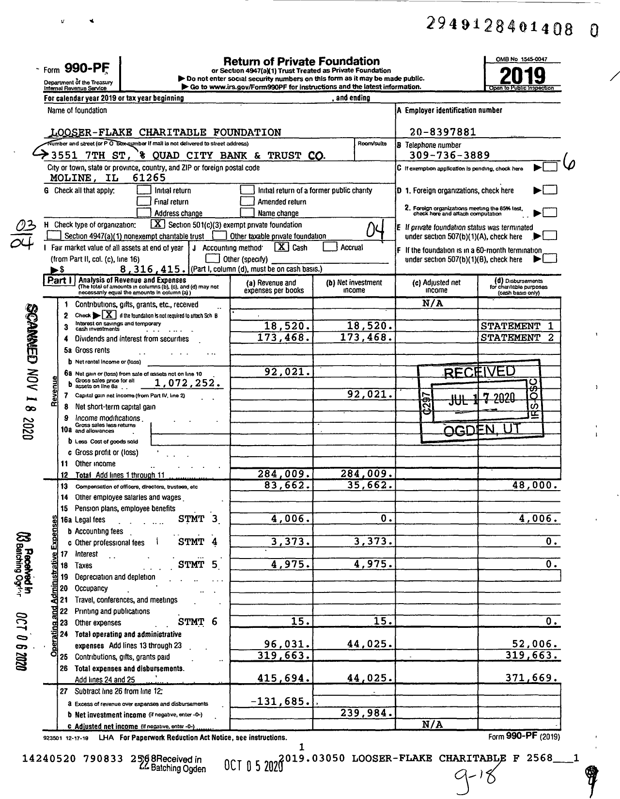 Image of first page of 2019 Form 990PF for Looser-Flake Charitable Foundation