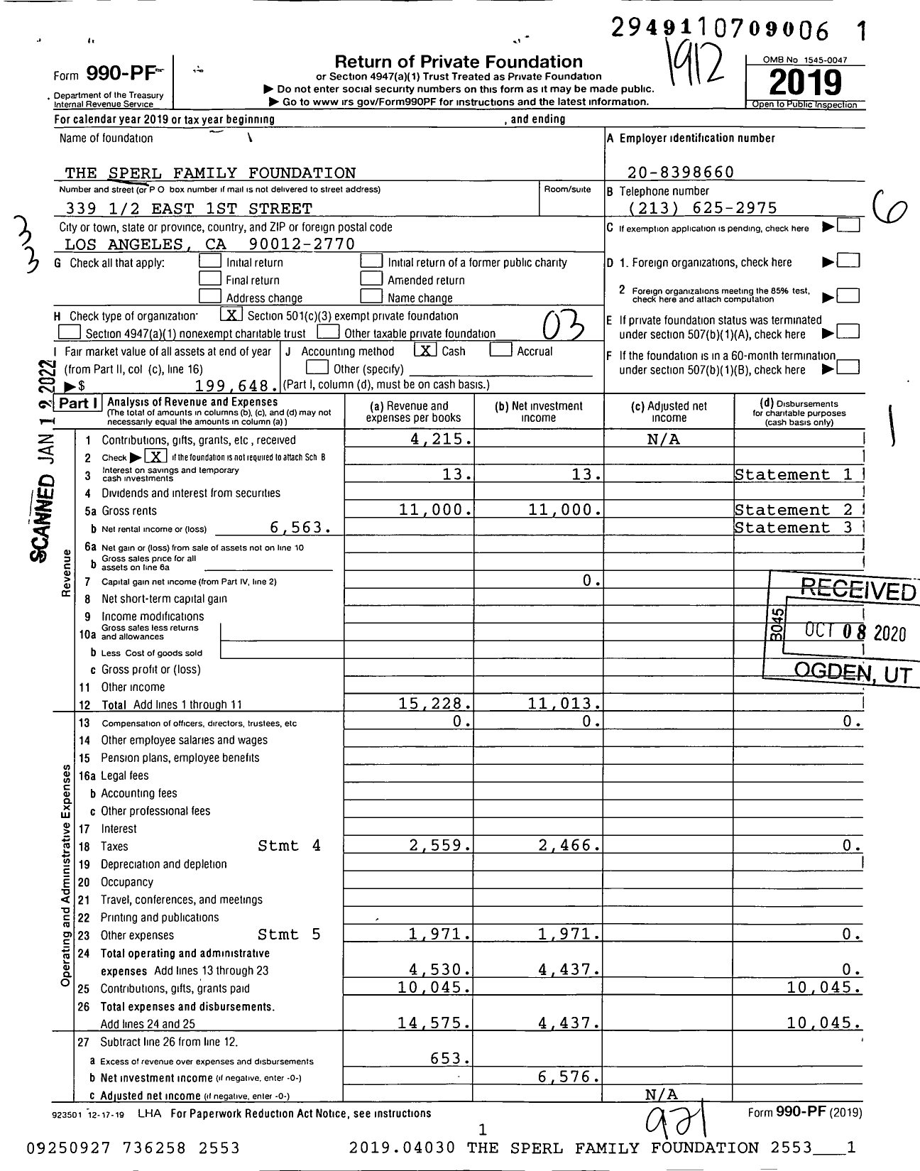 Image of first page of 2019 Form 990PF for The Sperl Family Foundation