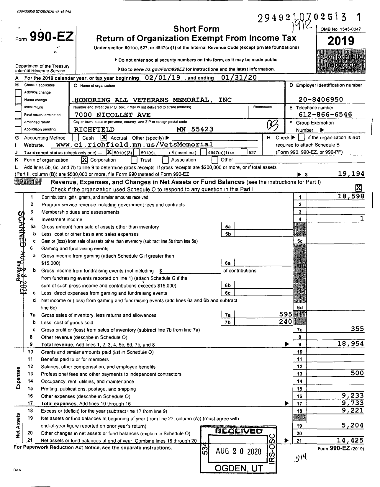 Image of first page of 2019 Form 990EZ for Honoring All Veterans Memorial