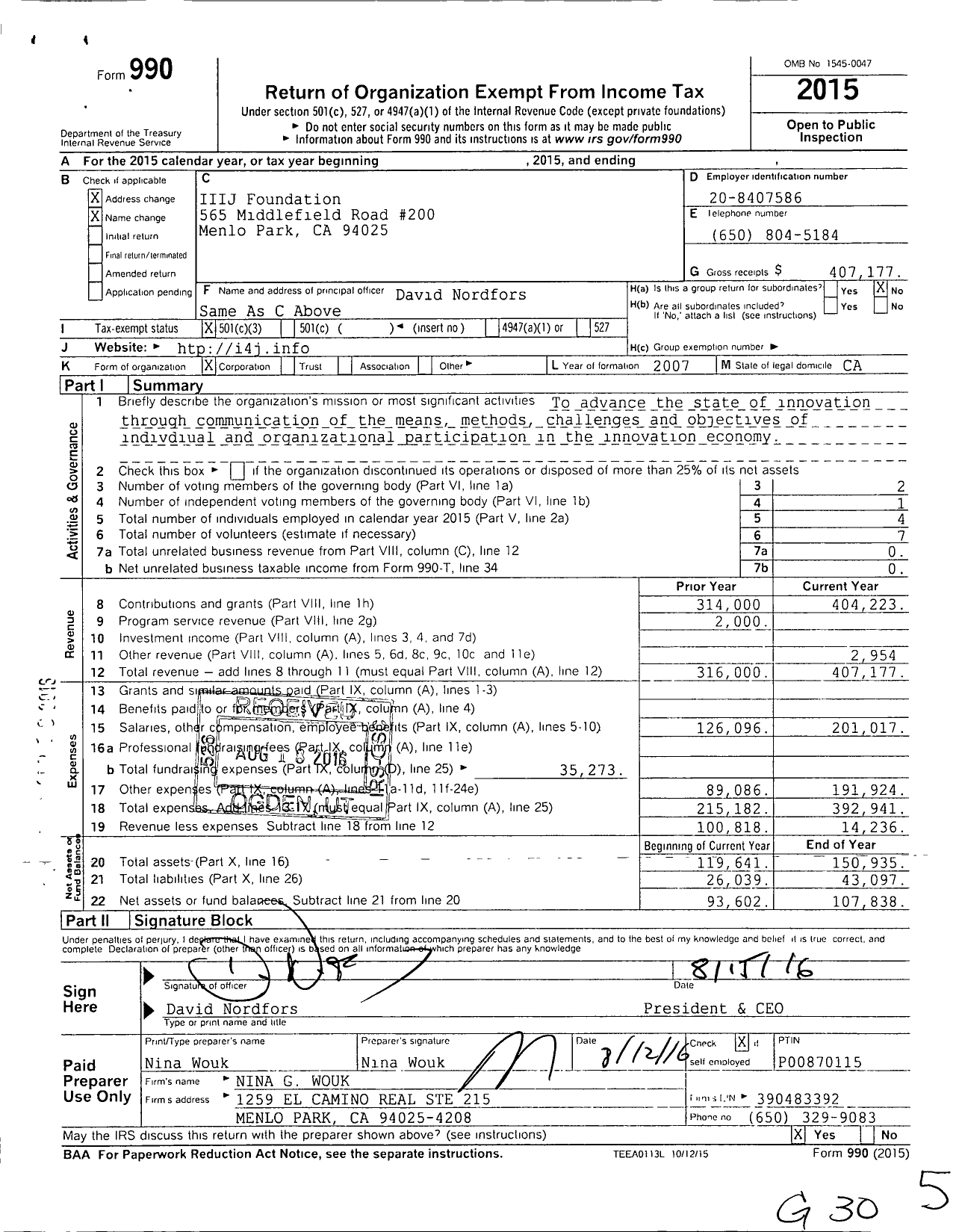 Image of first page of 2015 Form 990 for Iiij Foundation