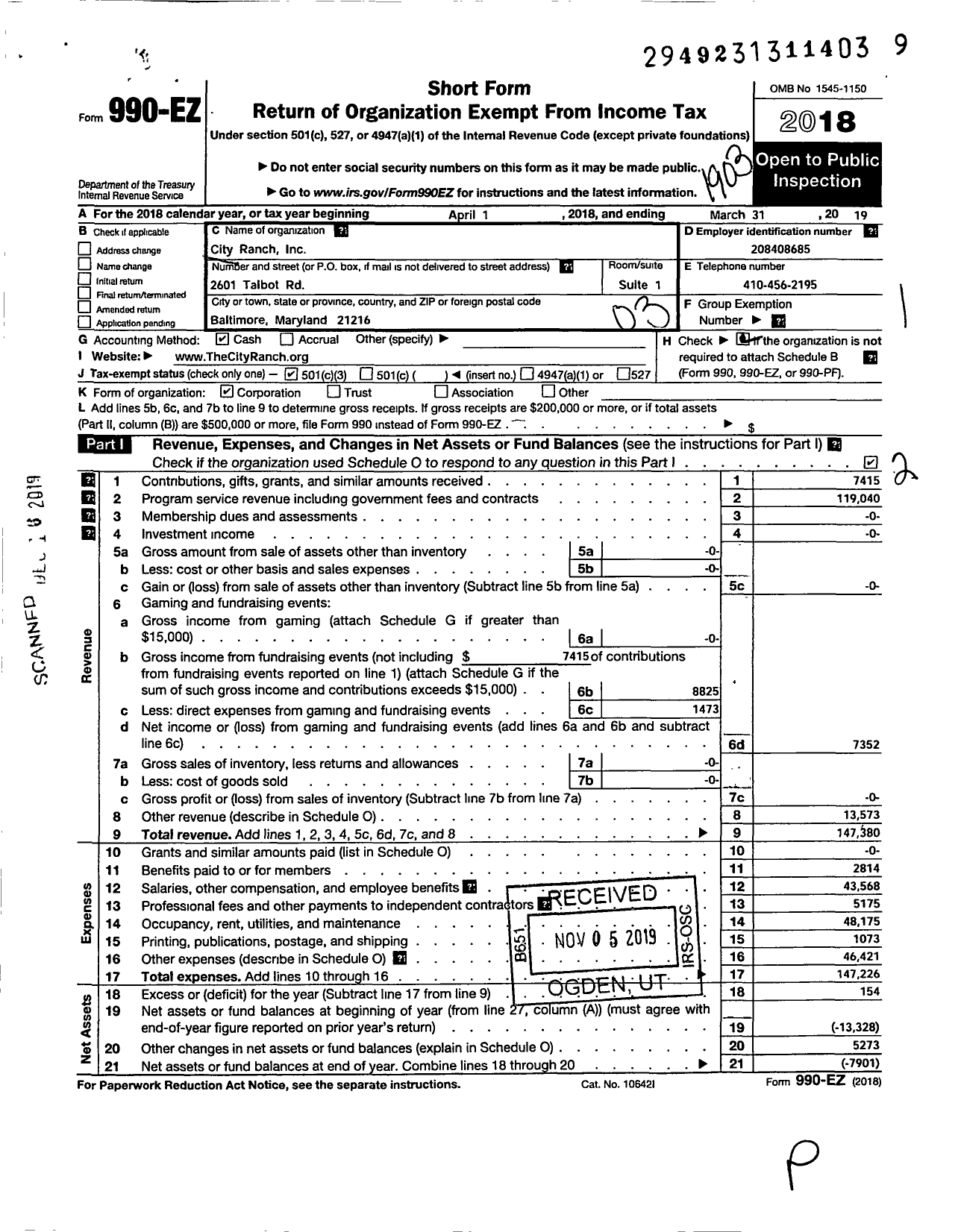 Image of first page of 2018 Form 990EZ for City Ranch