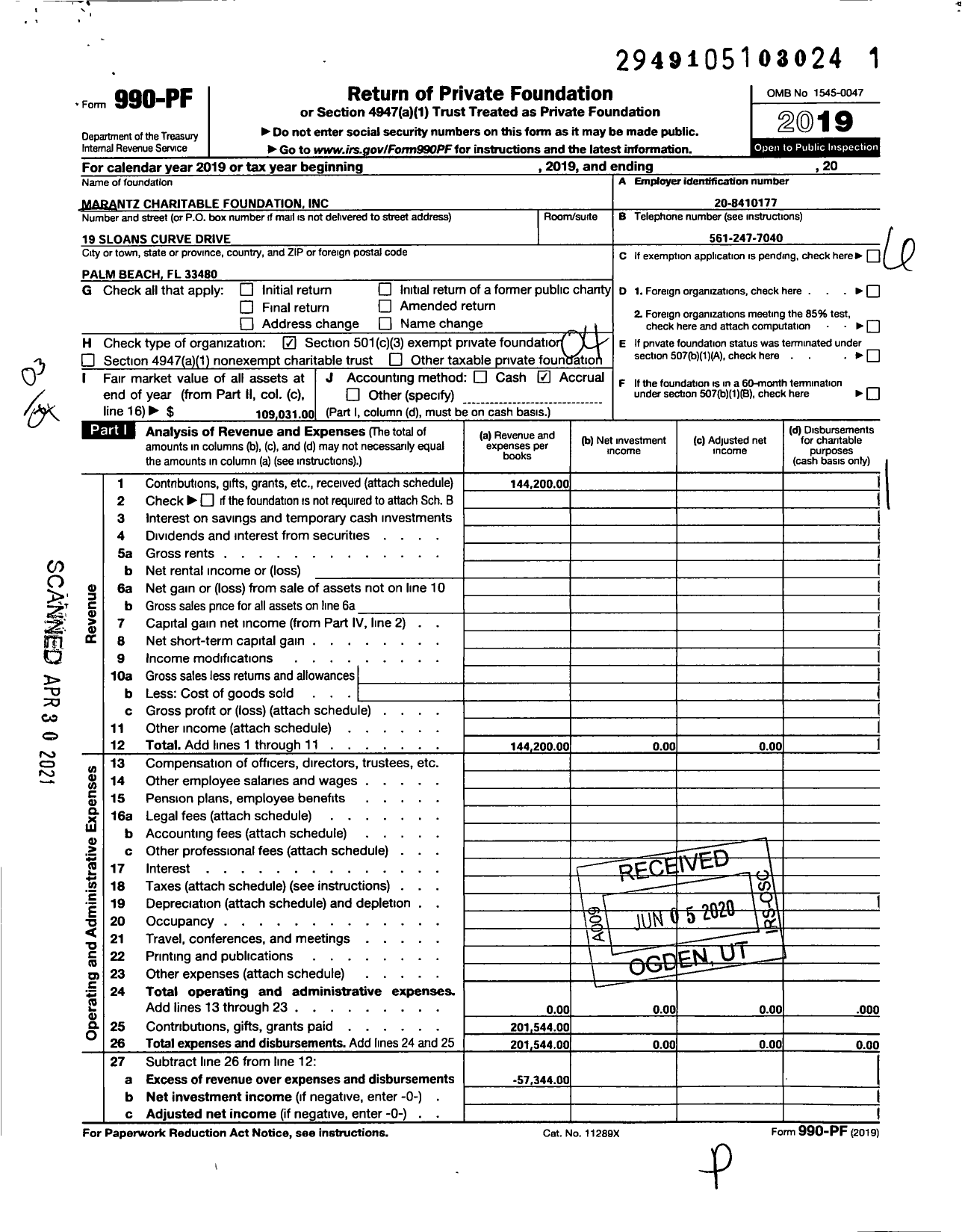 Image of first page of 2019 Form 990PF for Marantz Charitable Foundation