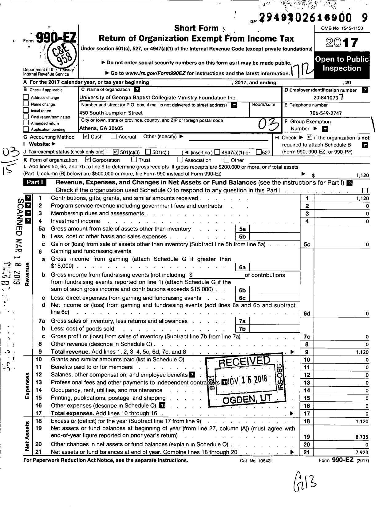 Image of first page of 2017 Form 990EZ for University of Georgia Baptist Collegiate Ministry Foundation