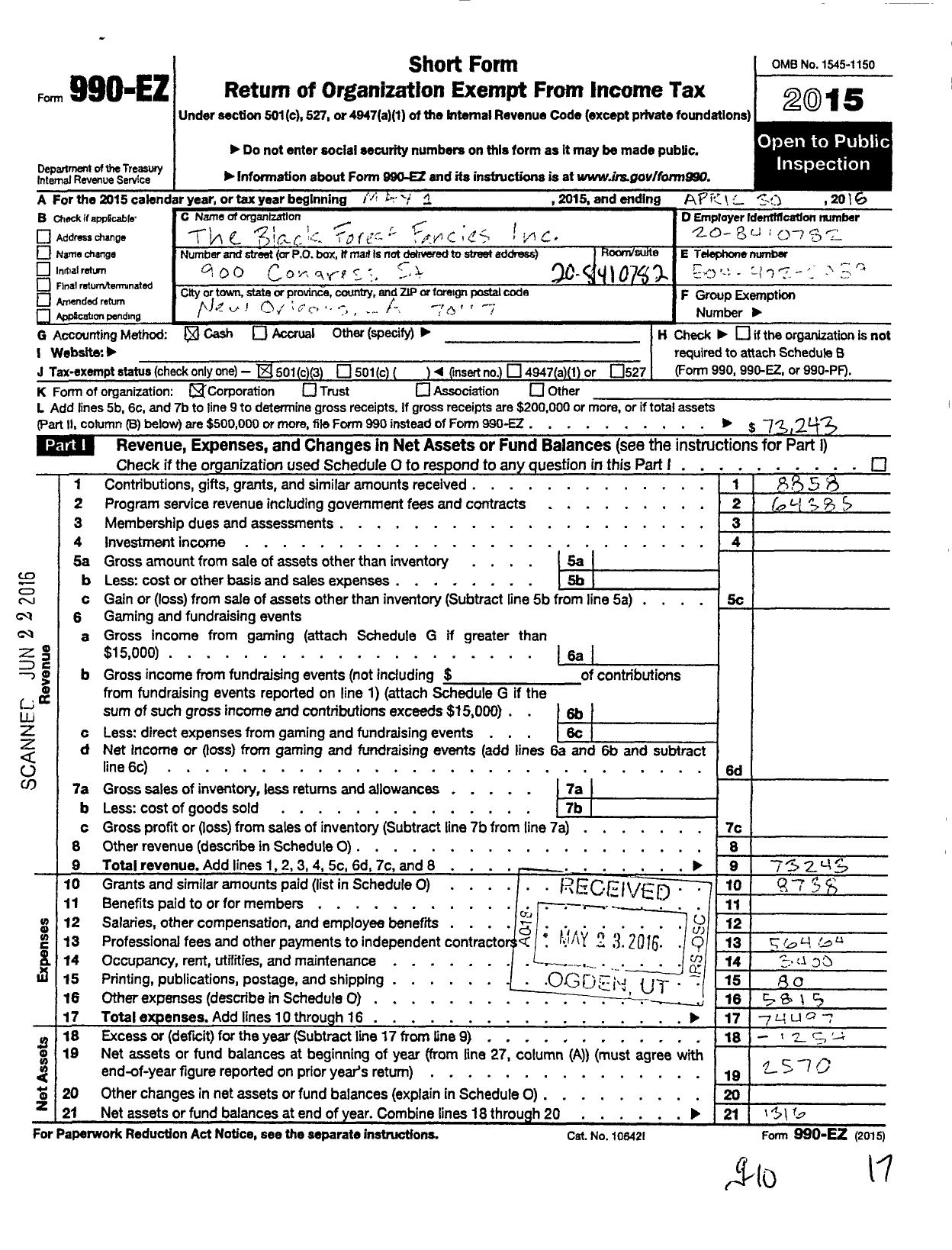 Image of first page of 2015 Form 990EZ for Black Forest Fancies