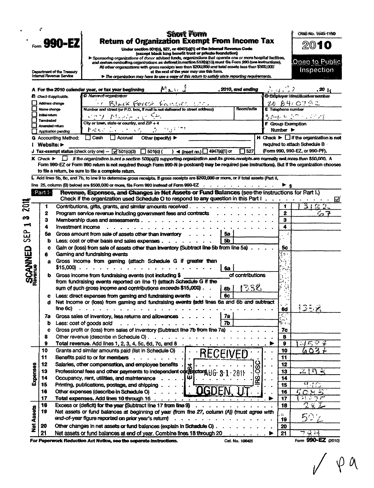 Image of first page of 2010 Form 990EZ for Black Forest Fancies