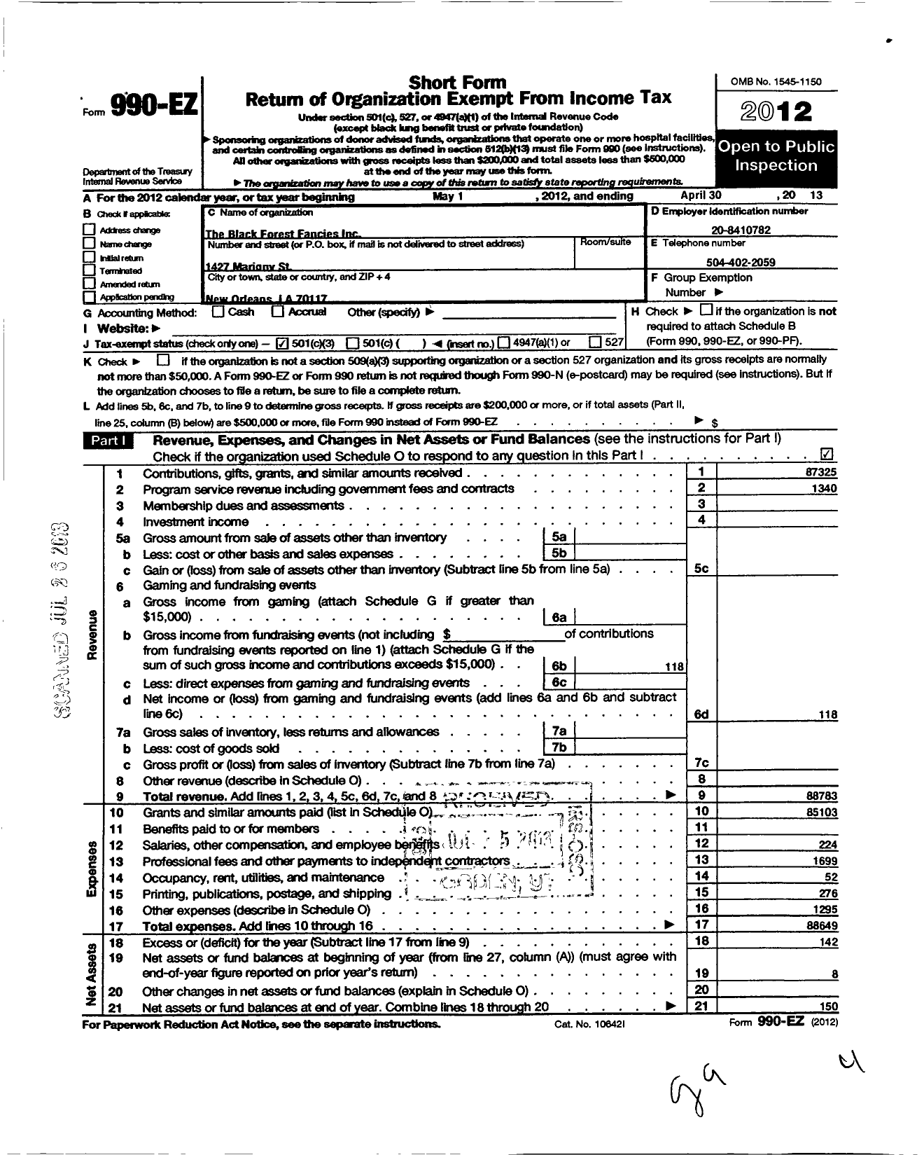 Image of first page of 2012 Form 990EZ for Black Forest Fancies