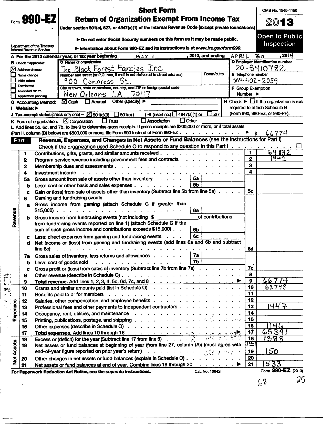 Image of first page of 2013 Form 990EZ for Black Forest Fancies