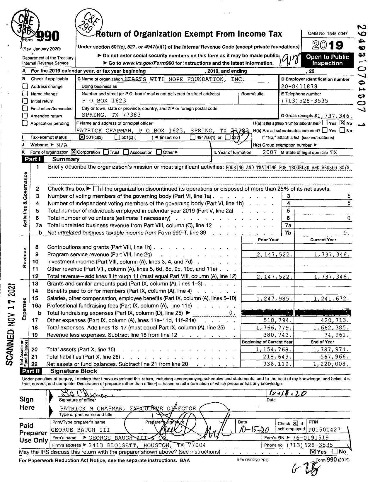 Image of first page of 2019 Form 990 for Hearts with Hope Foundation