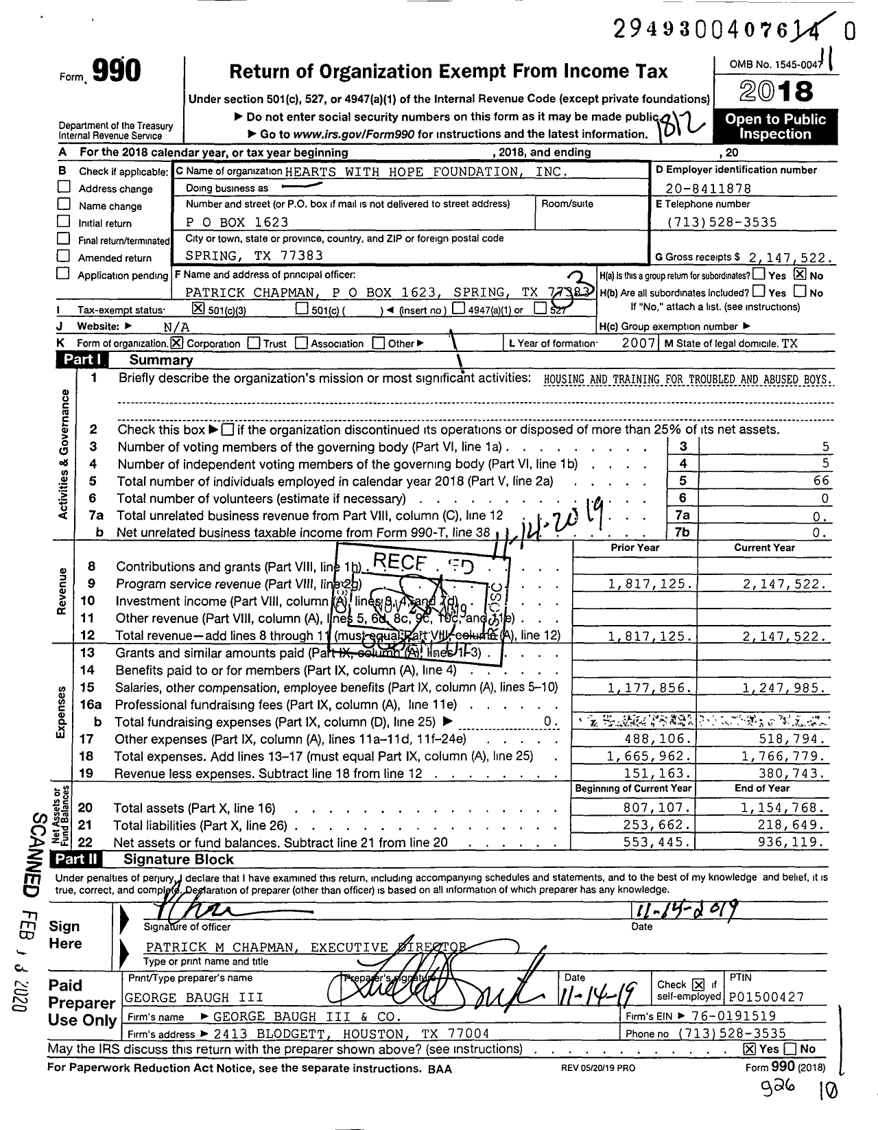 Image of first page of 2018 Form 990 for Hearts with Hope Foundation
