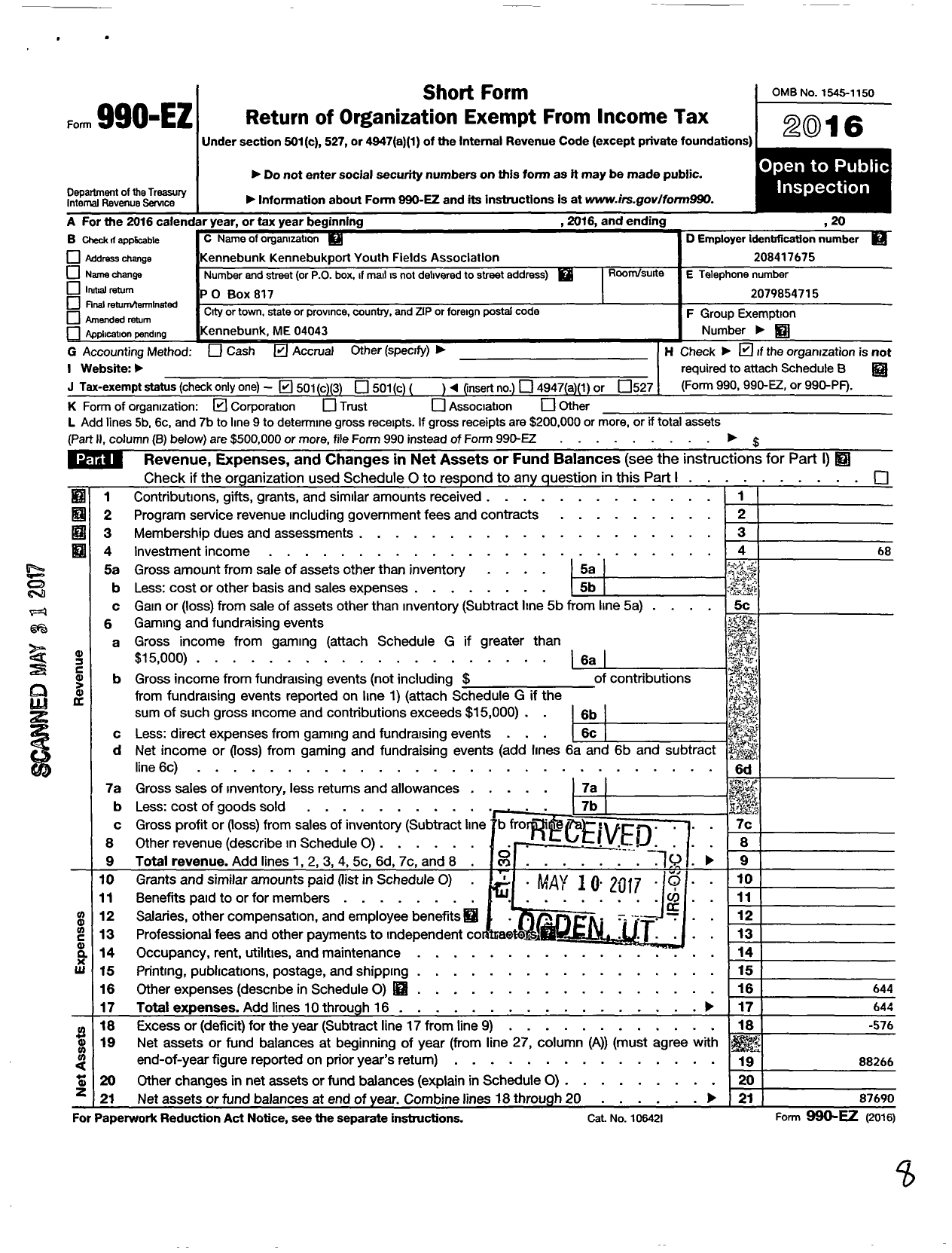 Image of first page of 2016 Form 990EZ for Kennebunk Kennebunkport Youth Fields Association