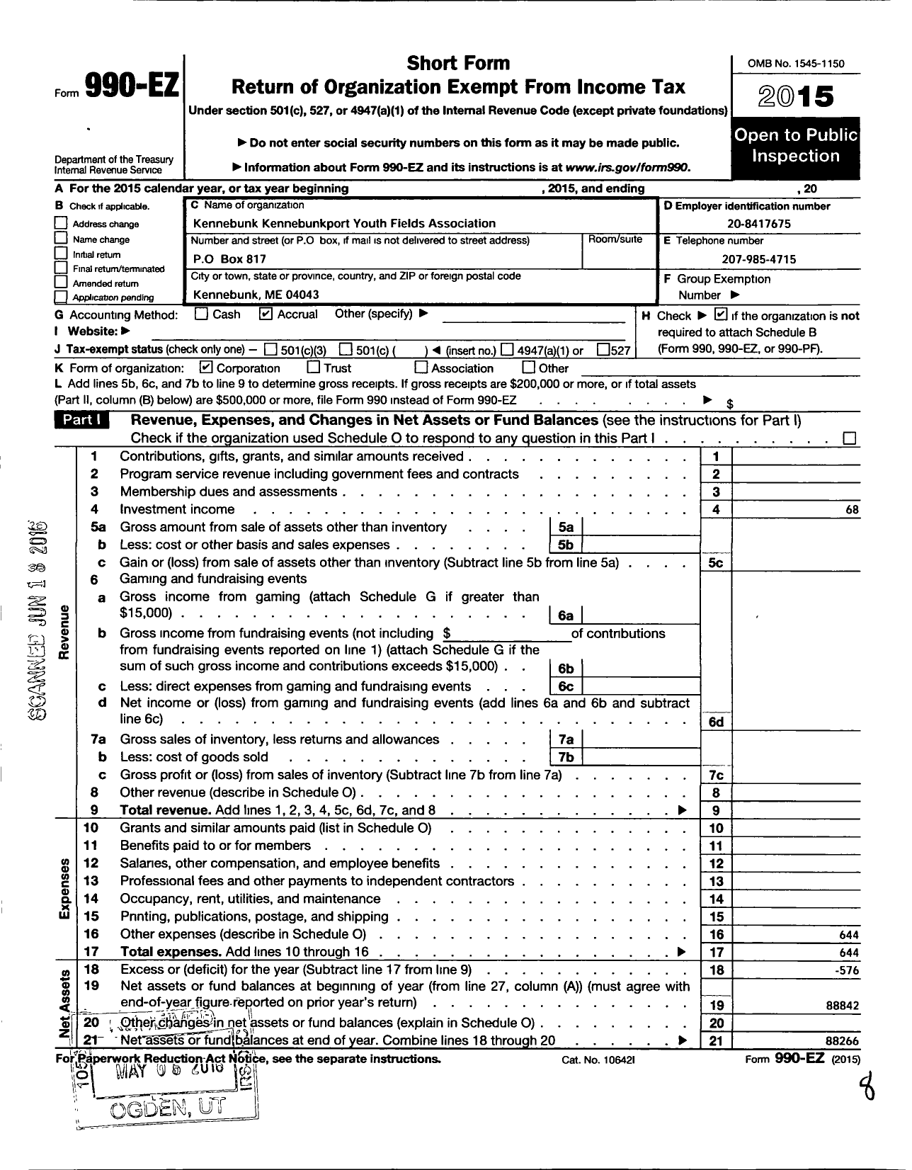 Image of first page of 2015 Form 990EO for Kennebunk Kennebunkport Youth Fields Association