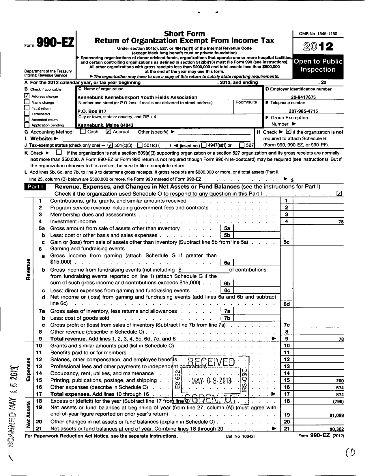 Image of first page of 2012 Form 990EZ for Kennebunk Kennebunkport Youth Fields Association