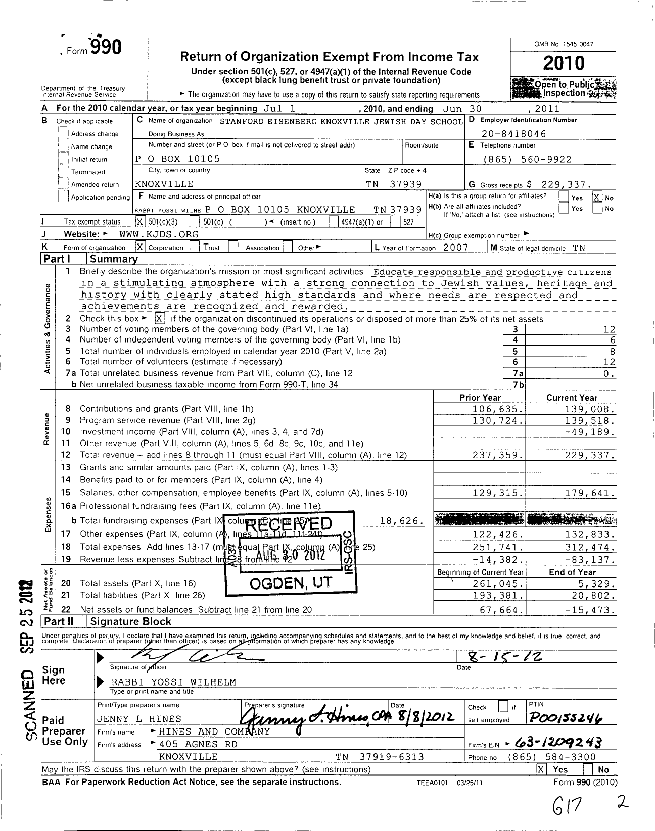 Image of first page of 2010 Form 990 for Stanford Eisenberg Knoxville Jewish Day School