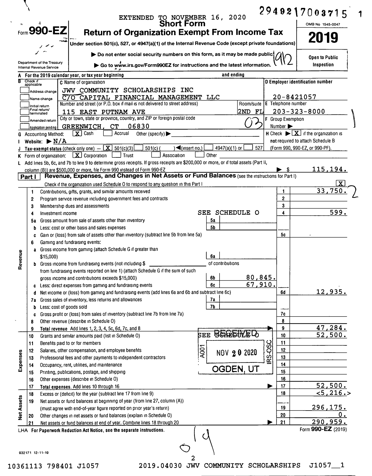 Image of first page of 2019 Form 990EZ for JWV Community Scholarships