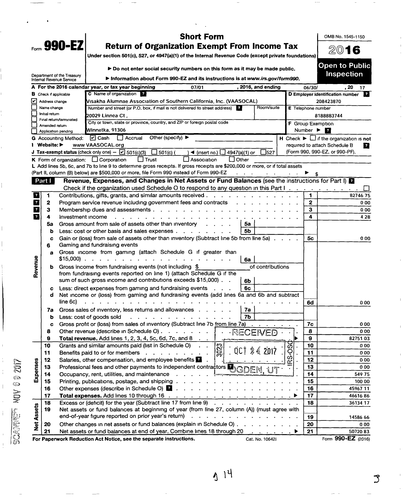 Image of first page of 2016 Form 990EZ for Visakha Alumnae Association of Southern California