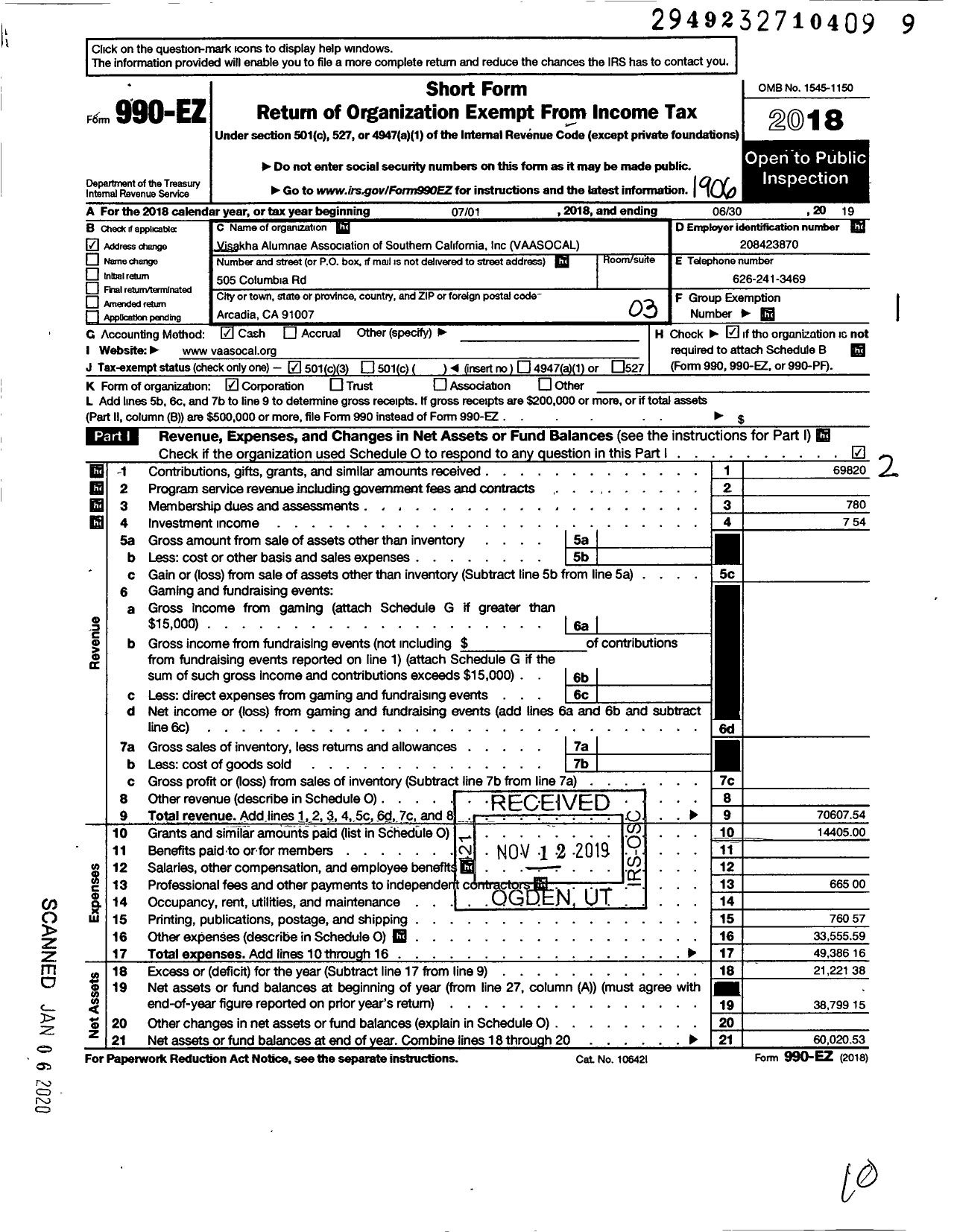 Image of first page of 2018 Form 990EZ for Visakha Alumnae Association of Southern California