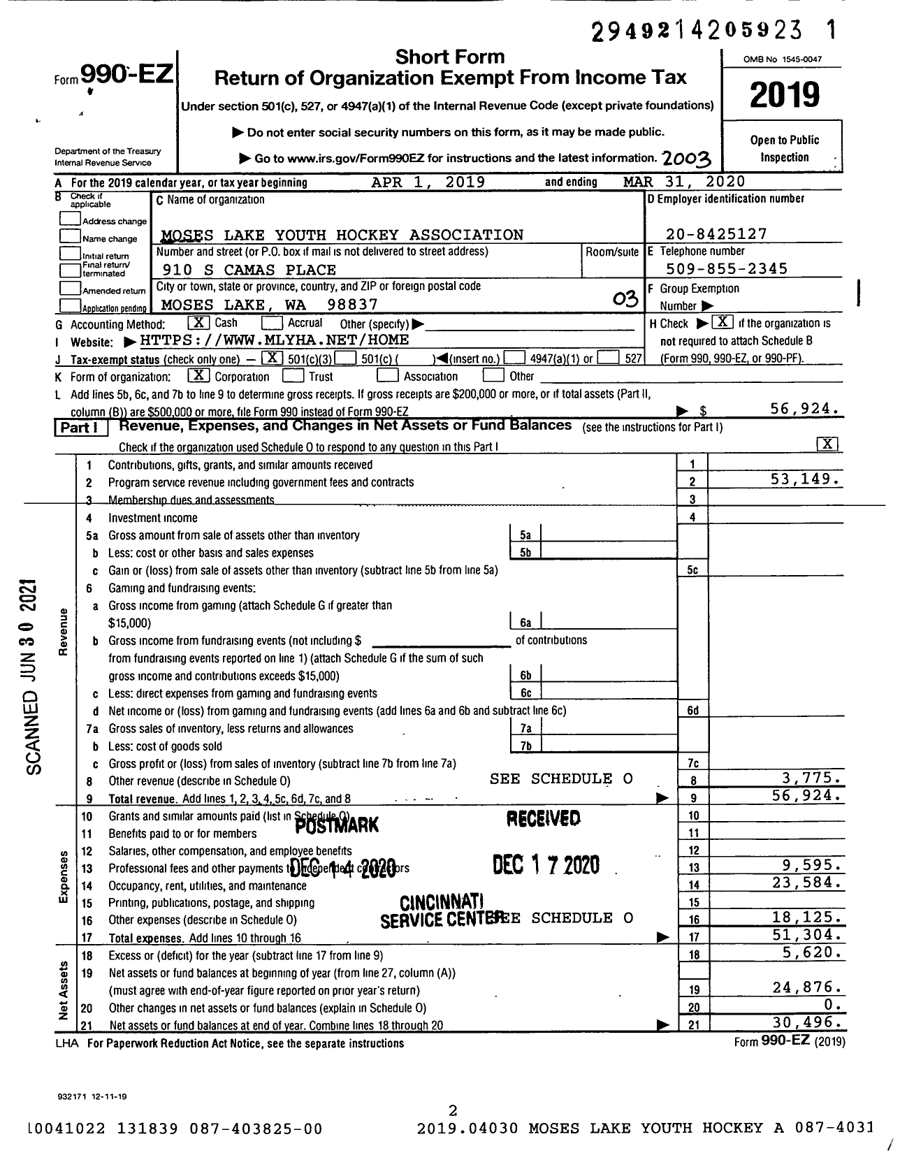 Image of first page of 2019 Form 990EZ for Moses Lake Youth Hockey Association