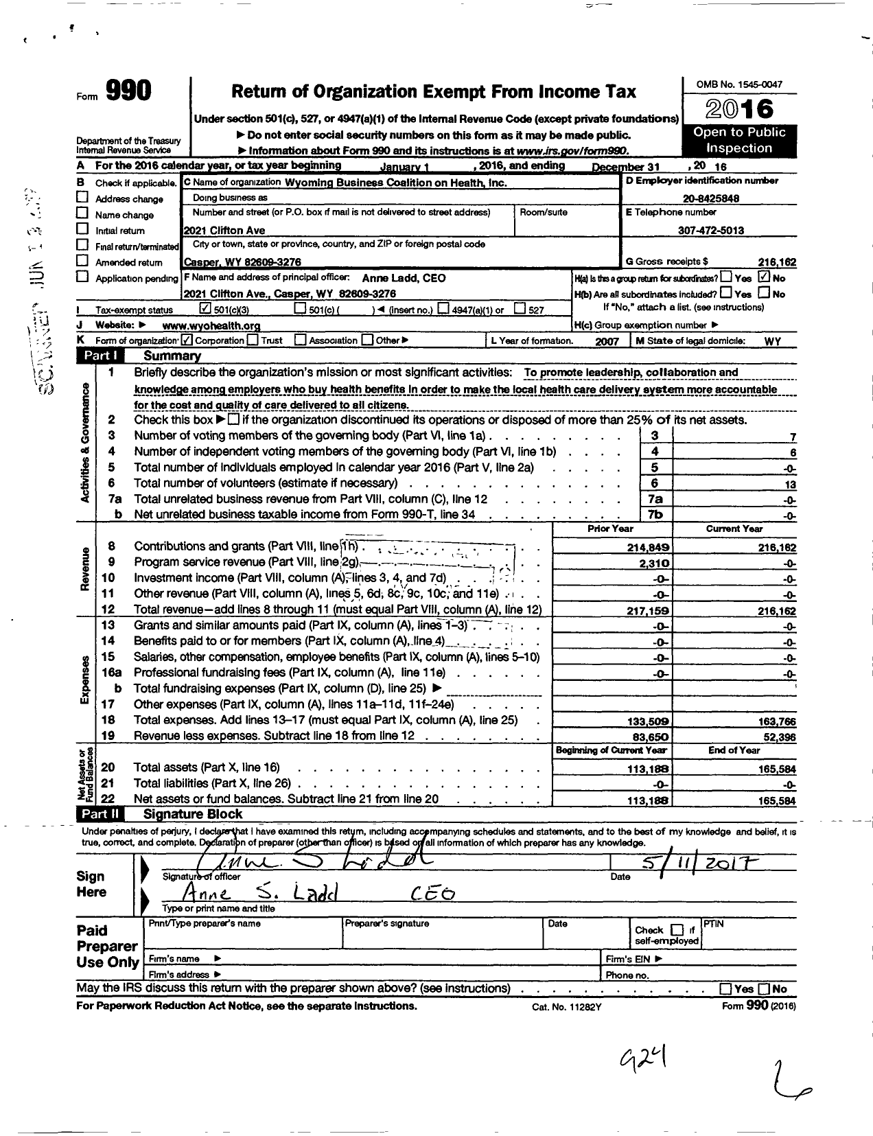 Image of first page of 2016 Form 990 for Wyoming Business Coalition on Health