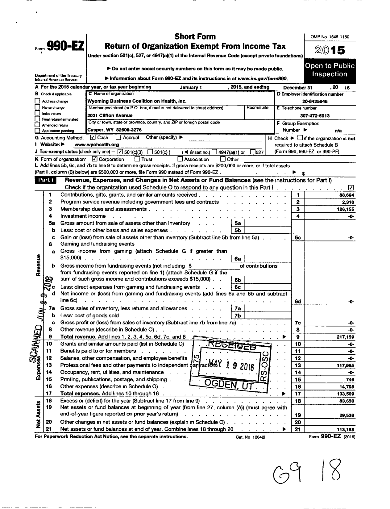 Image of first page of 2016 Form 990EZ for Wyoming Business Coalition on Health