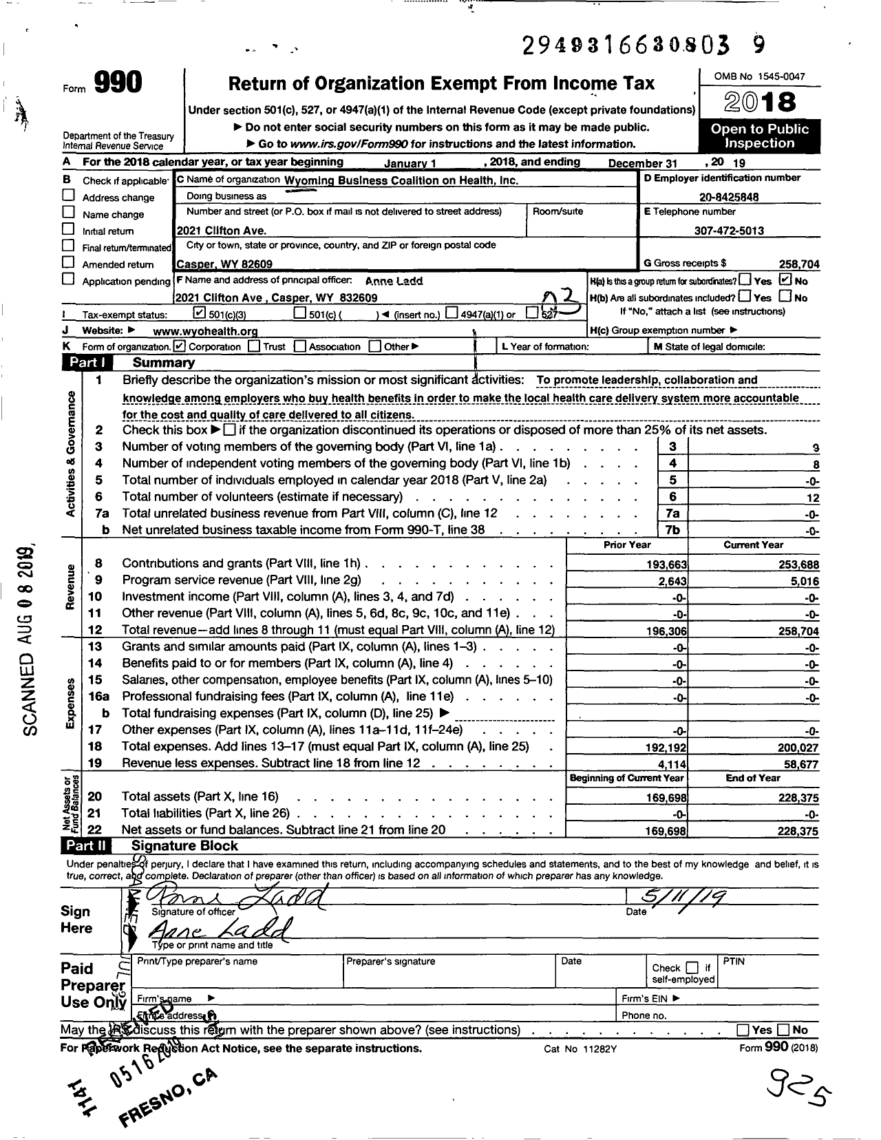 Image of first page of 2018 Form 990 for Wyoming Business Coalition on Health