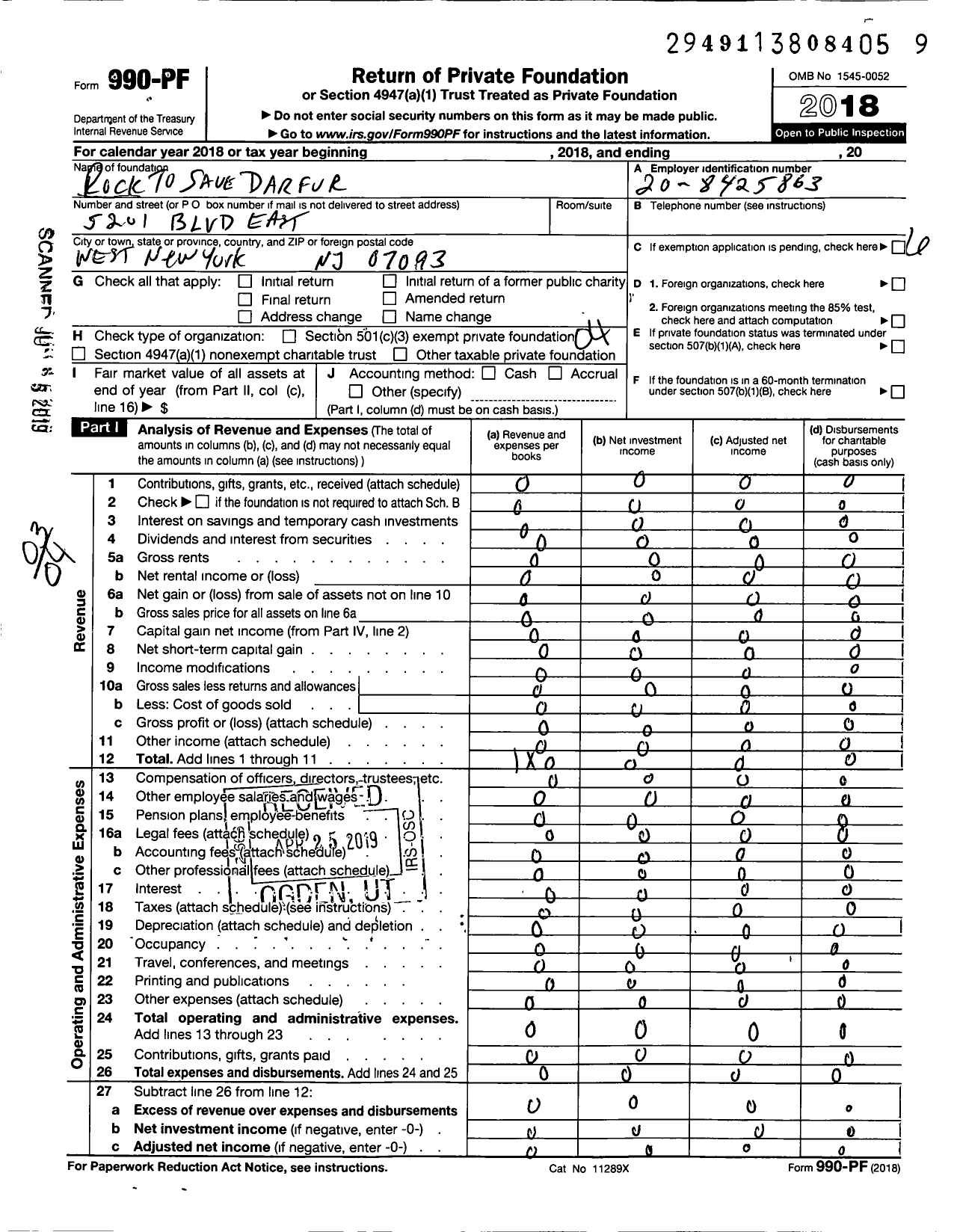 Image of first page of 2018 Form 990PF for Rock to Save Darfur