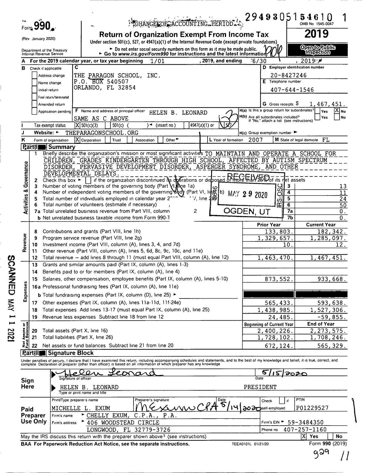 Image of first page of 2018 Form 990 for The Paragon School