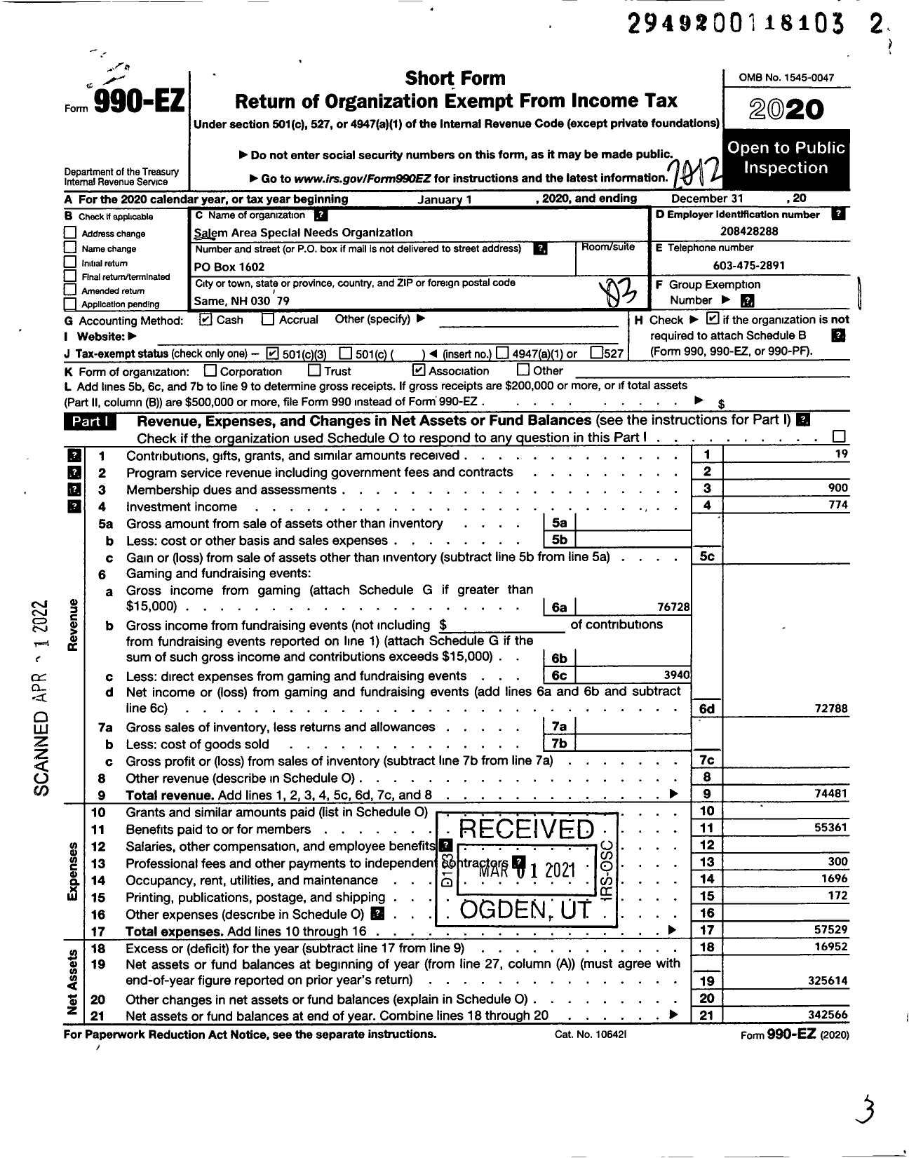 Image of first page of 2020 Form 990EZ for Salem Area Special Needs Association