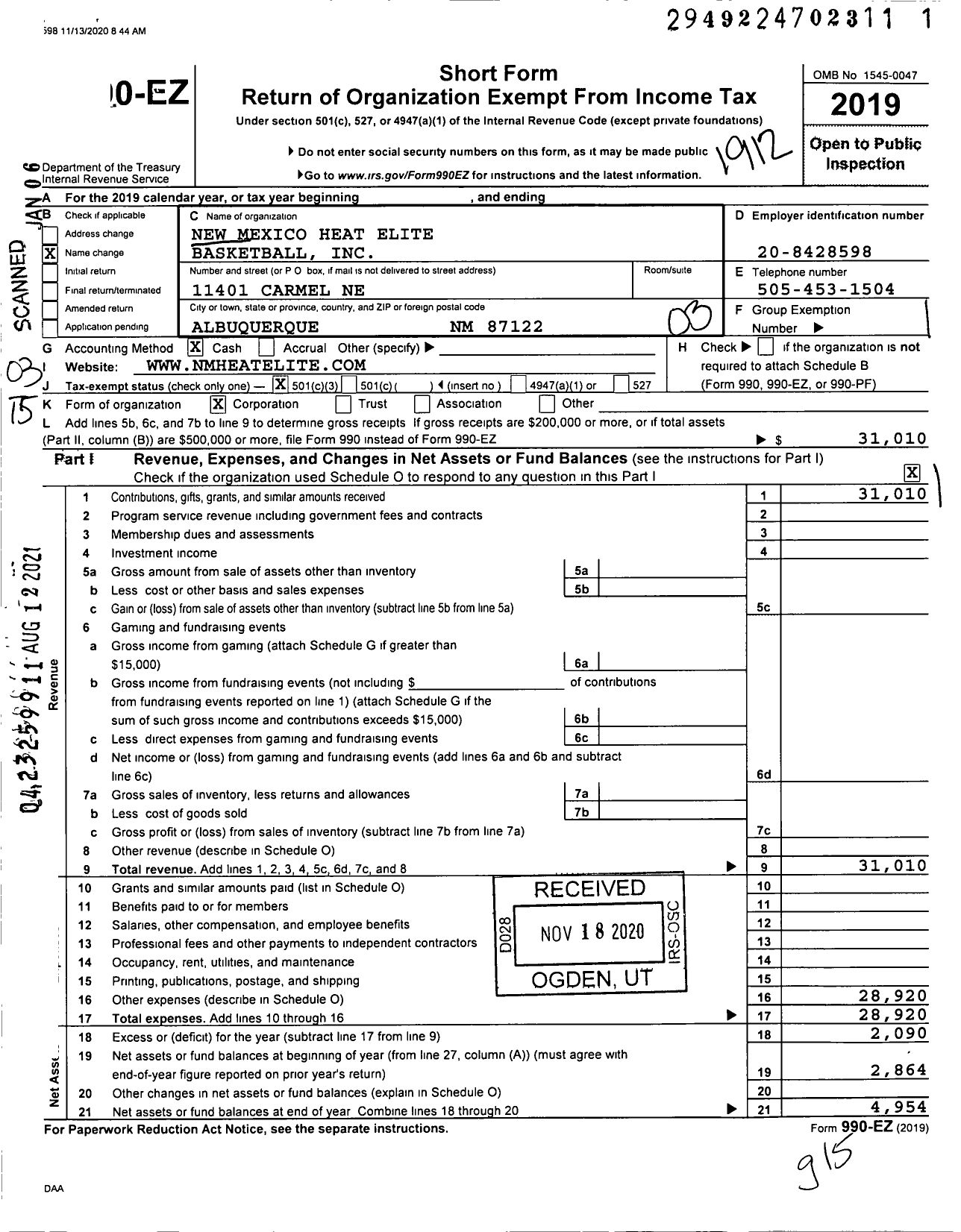 Image of first page of 2019 Form 990EZ for New Mexico Heat Elite