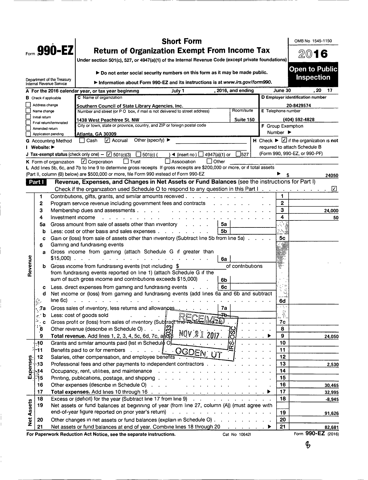 Image of first page of 2016 Form 990EZ for Southern Council of State Library Agencies