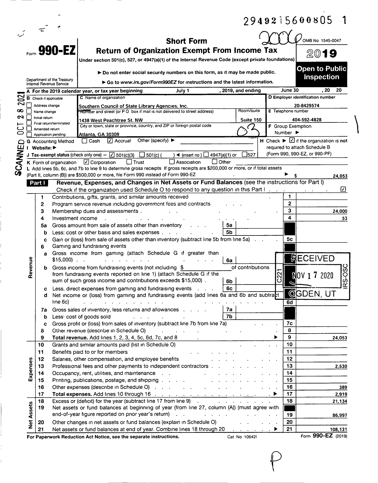 Image of first page of 2019 Form 990EZ for Southern Council of State Library Agencies